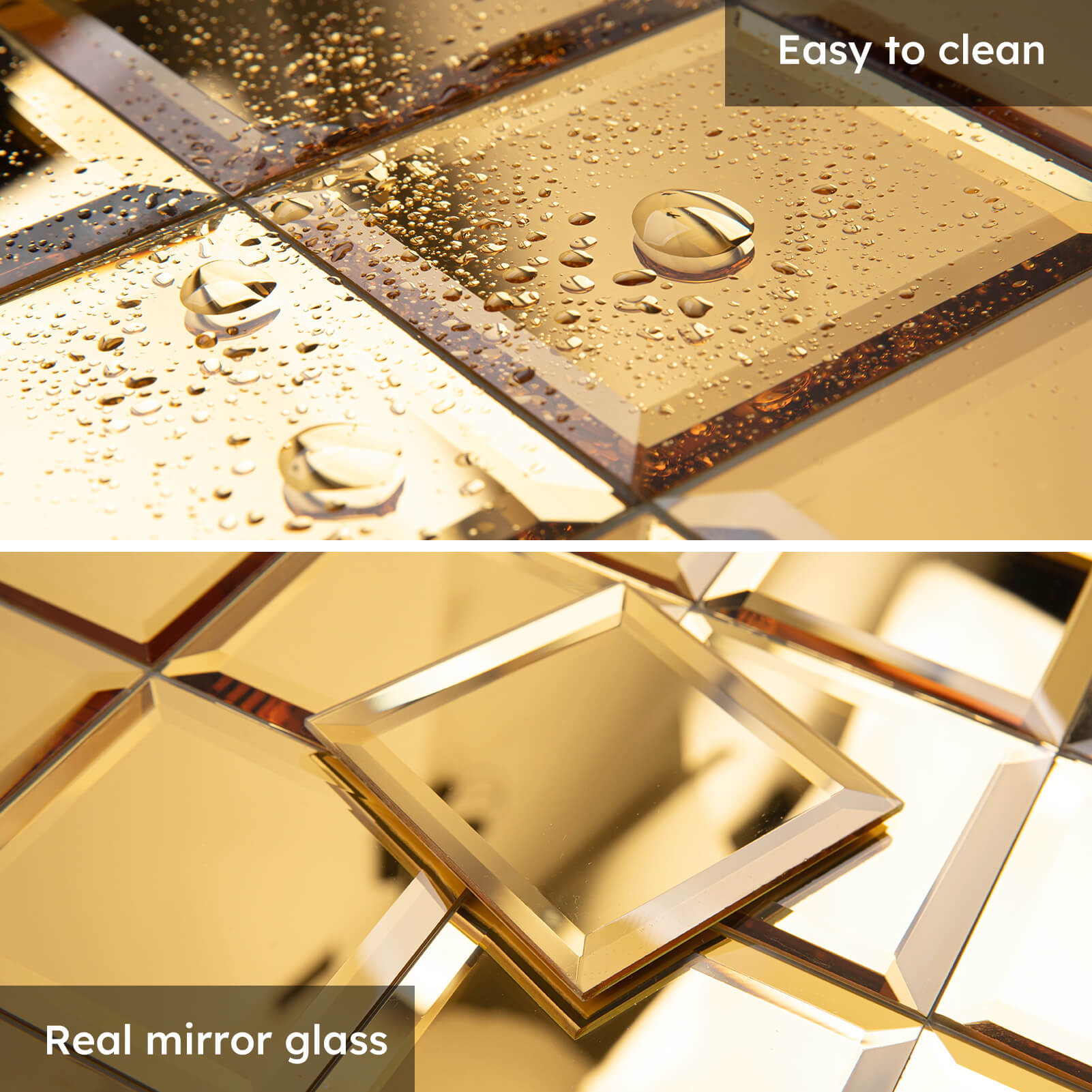 Diflart Peel and Stick Beveled Mirror Backsplash Tile, Gold, 3 x 3 Inch, Mirror Square Tiles for Kitchen Bathroom Wall Pack of 32 Pieces