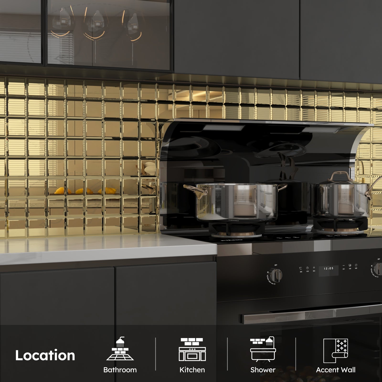 Diflart Peel and Stick Beveled Mirror Backsplash Tile, Gold, 3 x 3 Inch, Mirror Square Tiles for Kitchen Bathroom Wall Pack of 32 Pieces