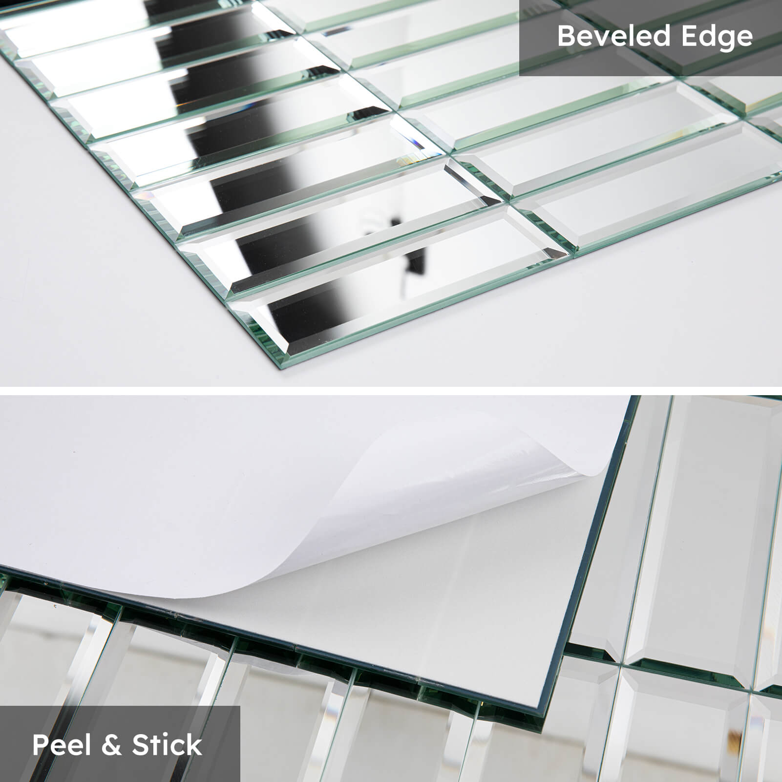 Diflart Peel and Stick Mirror Backsplash Tiles, Beveled Glass Mirror Tiles 12x12 Inch Silver Rectangle for Kitchen Bathroom Accent Wall Tiles Pack of 5 Sheets