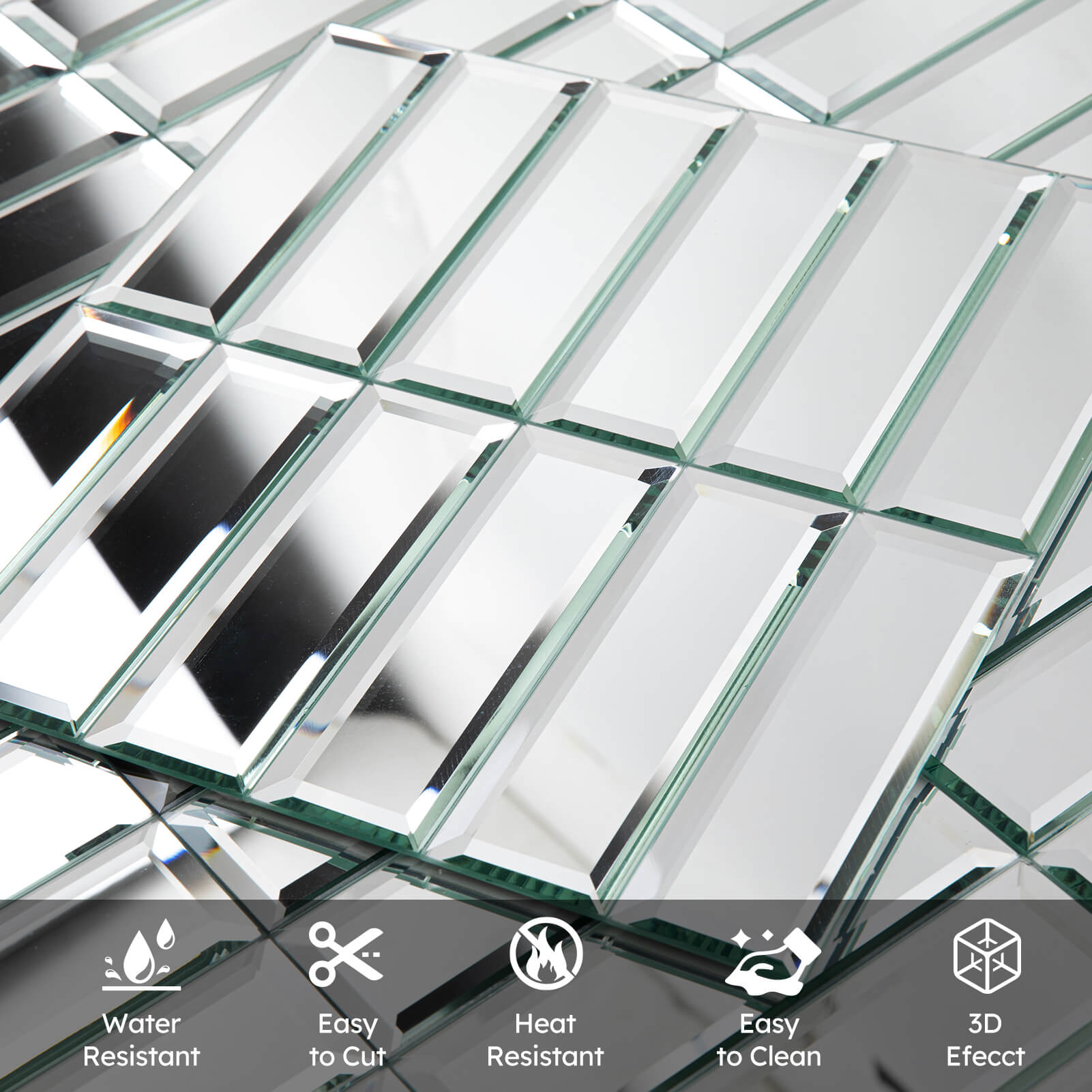 Diflart Peel and Stick Mirror Backsplash Tiles, Beveled Glass Mirror Tiles 12x12 Inch Silver Rectangle for Kitchen Bathroom Accent Wall Tiles Pack of 5 Sheets