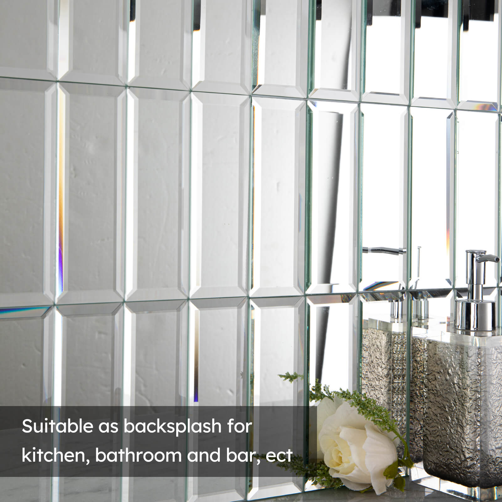 Diflart Peel and Stick Mirror Backsplash Tiles, Beveled Glass Mirror Tiles 12x12 Inch Silver Rectangle for Kitchen Bathroom Accent Wall Tiles Pack of 5 Sheets