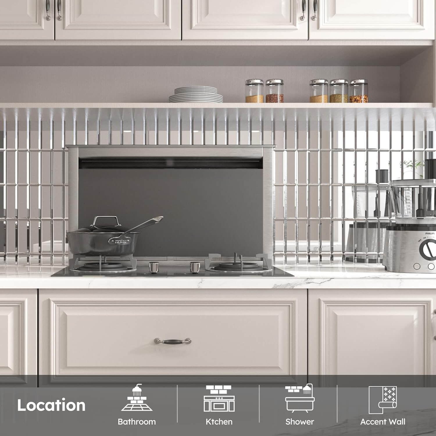 Diflart Peel and Stick Mirror Backsplash Tiles, Beveled Glass Mirror Tiles 12x12 Inch Silver Rectangle for Kitchen Bathroom Accent Wall Tiles Pack of 5 Sheets