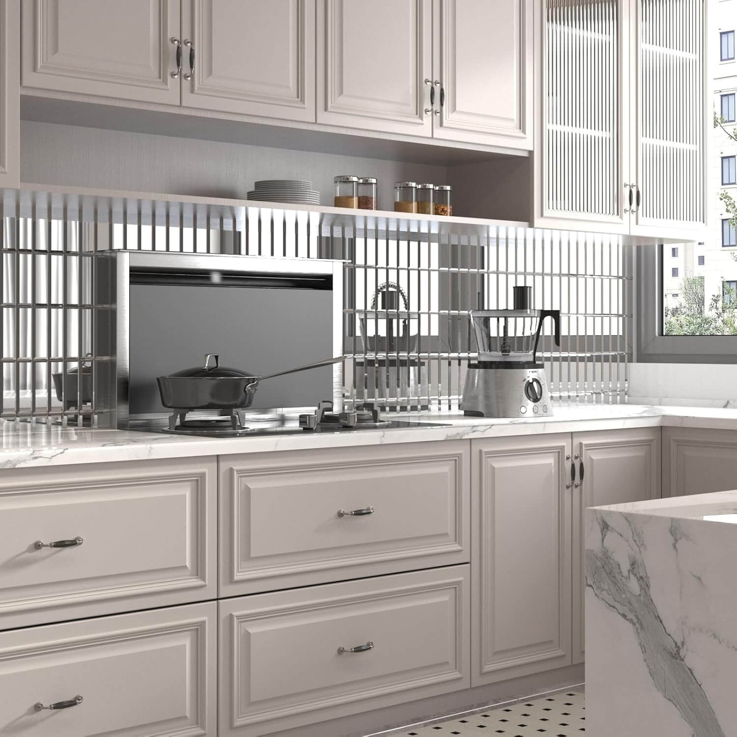 Diflart Peel and Stick Mirror Backsplash Tiles, Beveled Glass Mirror Tiles 12x12 Inch Silver Rectangle for Kitchen Bathroom Accent Wall Tiles Pack of 5 Sheets