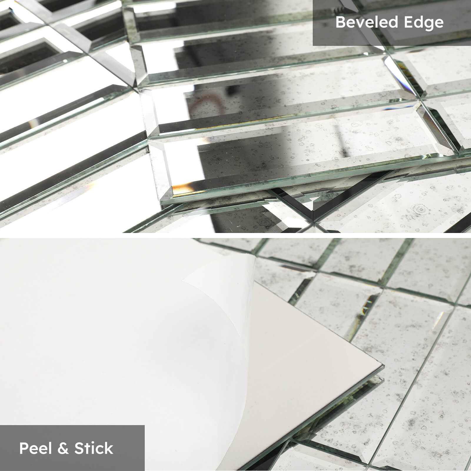 Diflart Peel and Stick Mirror Backsplash Tiles, Light Antique, 1.8 x 11.8 Inch, Two Strips, Beveled Mirror Tiles for Kitchen Bathroom Accent Wall, Pack of 5 Sheets