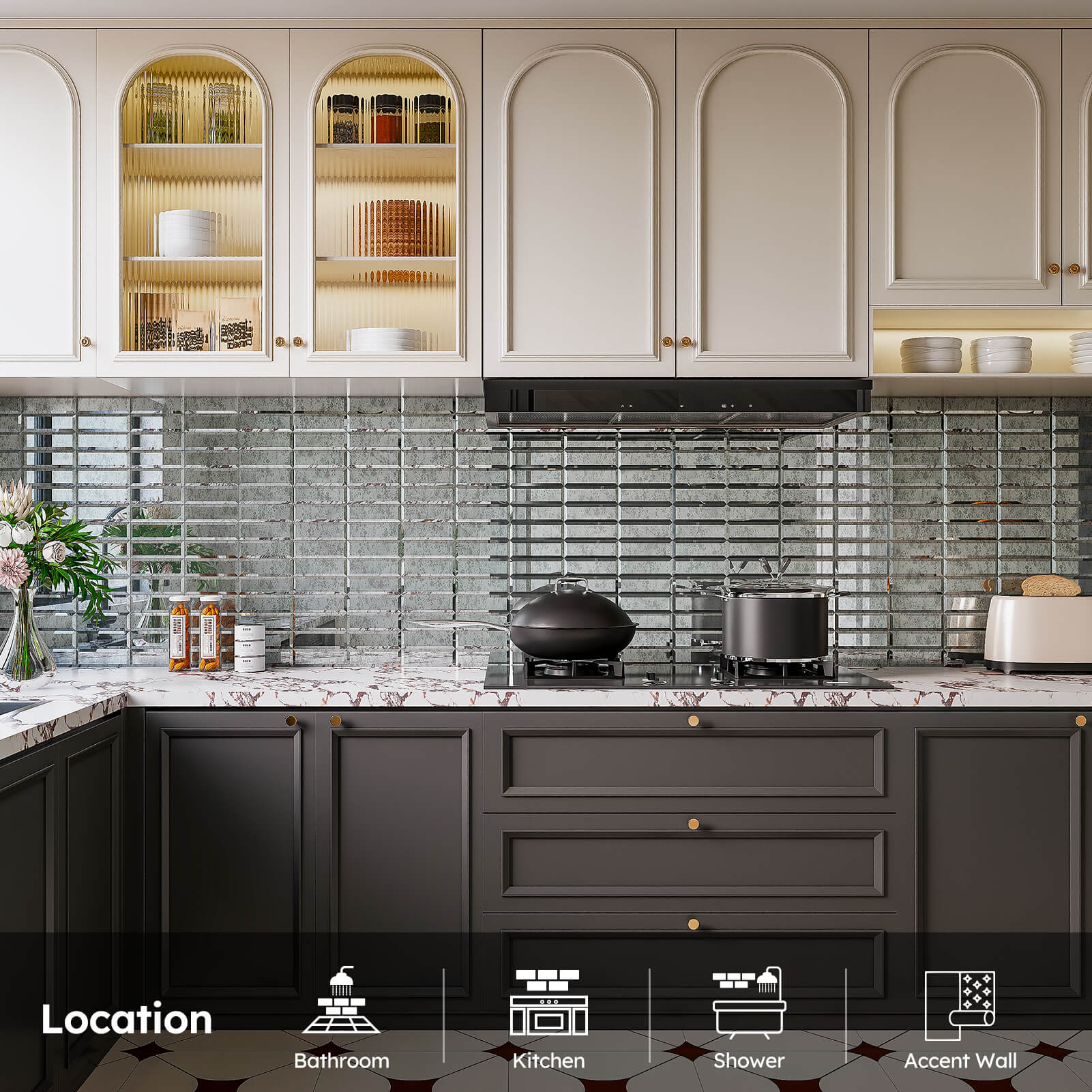 Diflart Peel and Stick Mirror Backsplash Tiles, Light Antique, 1.8 x 11.8 Inch, Two Strips, Beveled Mirror Tiles for Kitchen Bathroom Accent Wall, Pack of 5 Sheets