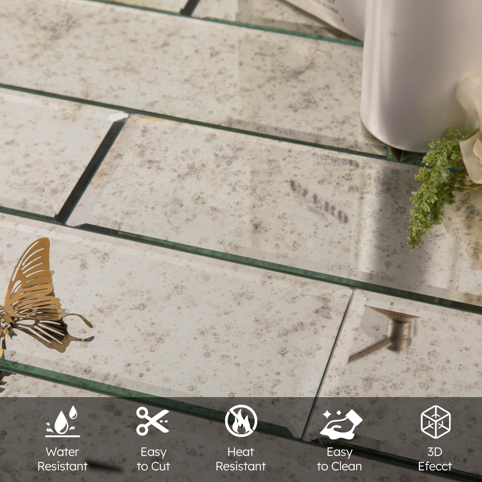 Diflart Mirror Backsplash Tiles for Kitchen, Light Antique Subway, 3x10 Inch, Beveled Mirror TIile for Bathroom Wall (24 Pcs,5 Sq.ft)