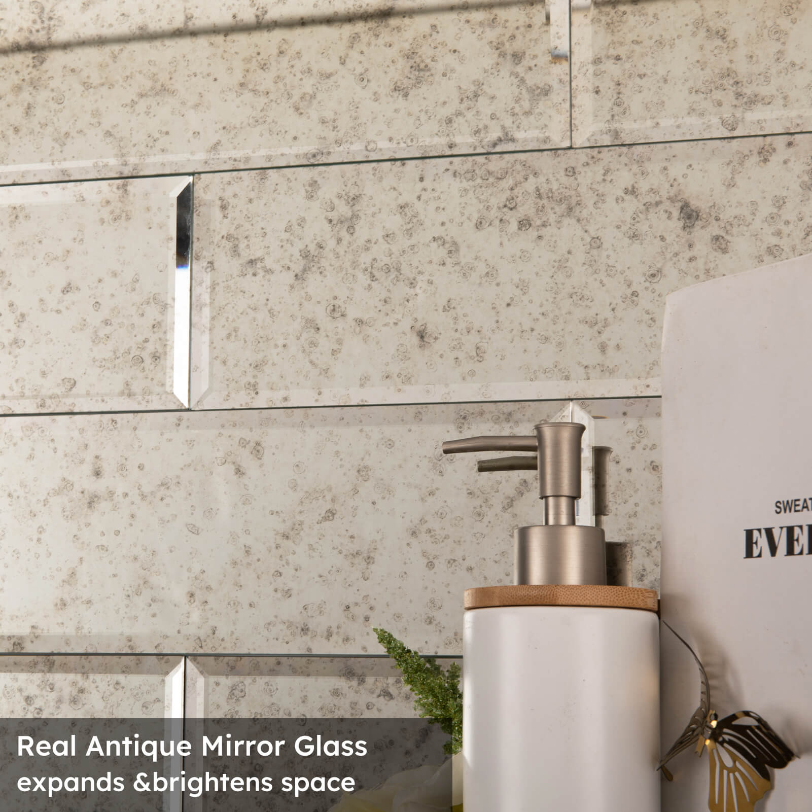 Diflart Mirror Backsplash Tiles for Kitchen, Light Antique Subway, 3x10 Inch, Beveled Mirror TIile for Bathroom Wall (24 Pcs,5 Sq.ft)