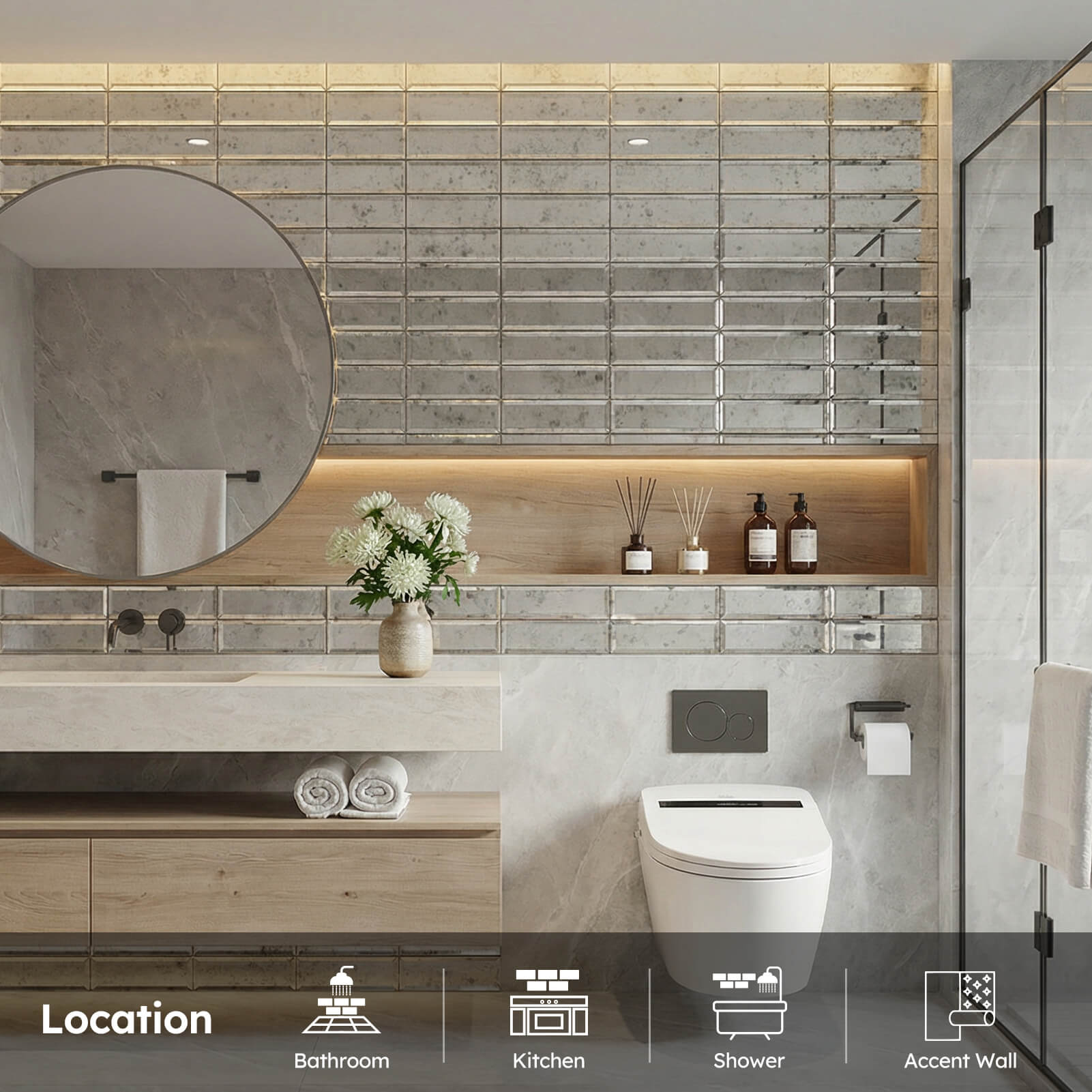 Diflart Mirror Backsplash Tiles for Kitchen, Light Antique Subway, 3x10 Inch, Beveled Mirror TIile for Bathroom Wall (24 Pcs,5 Sq.ft)