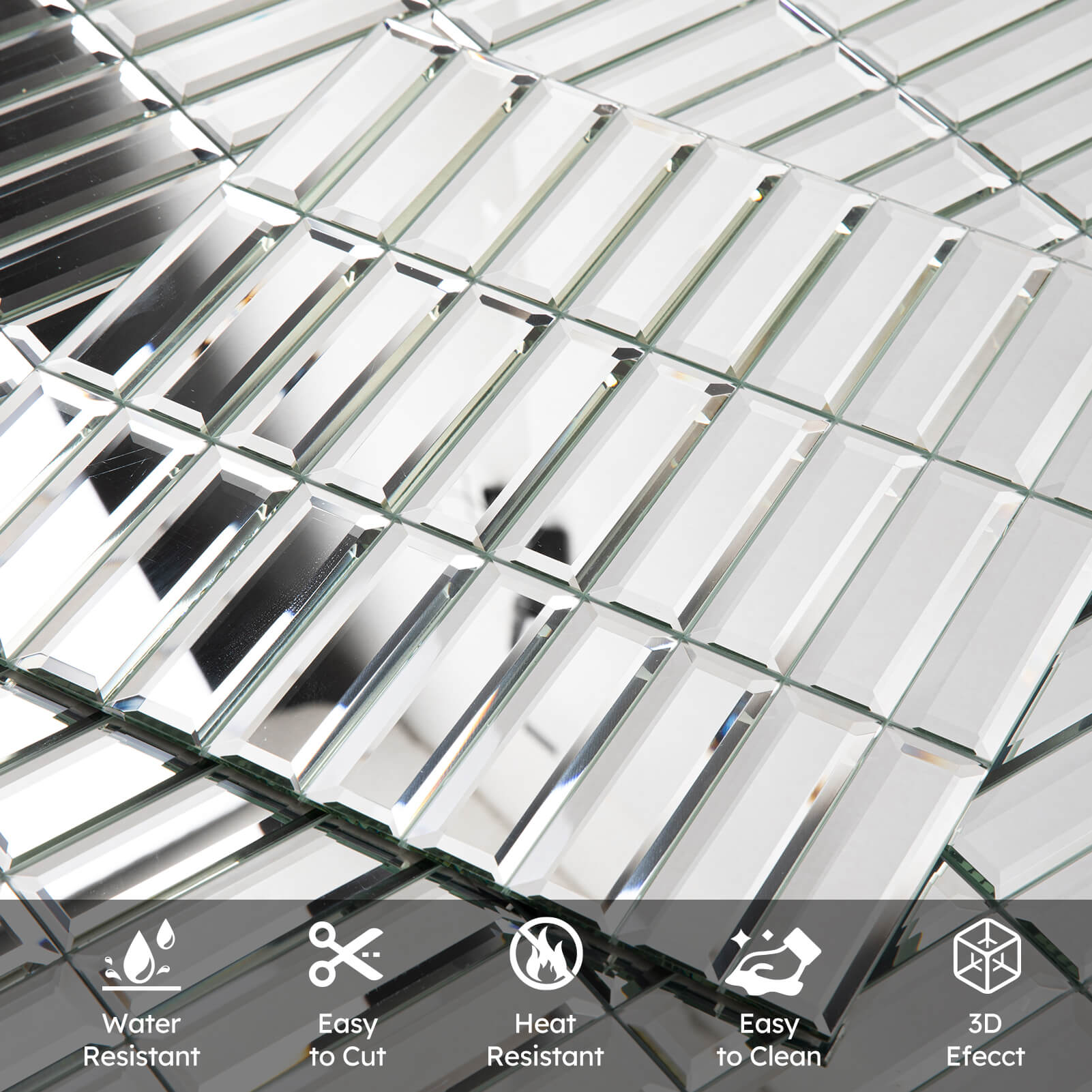 Diflart Peel and Stick Mirror Backsplash Tiles, Beveled Glass Mirror Tiles 12x12 Inch Silver Rectangle for Kitchen Bathroom Accent Wall Tiles Pack of 5 Sheets