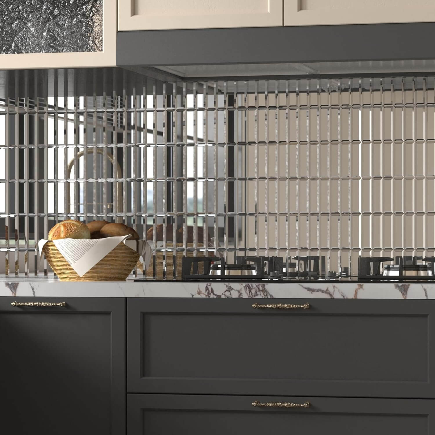 Diflart Peel and Stick Mirror Backsplash Tiles, Beveled Glass Mirror Tiles 12x12 Inch Silver Rectangle for Kitchen Bathroom Accent Wall Tiles Pack of 5 Sheets