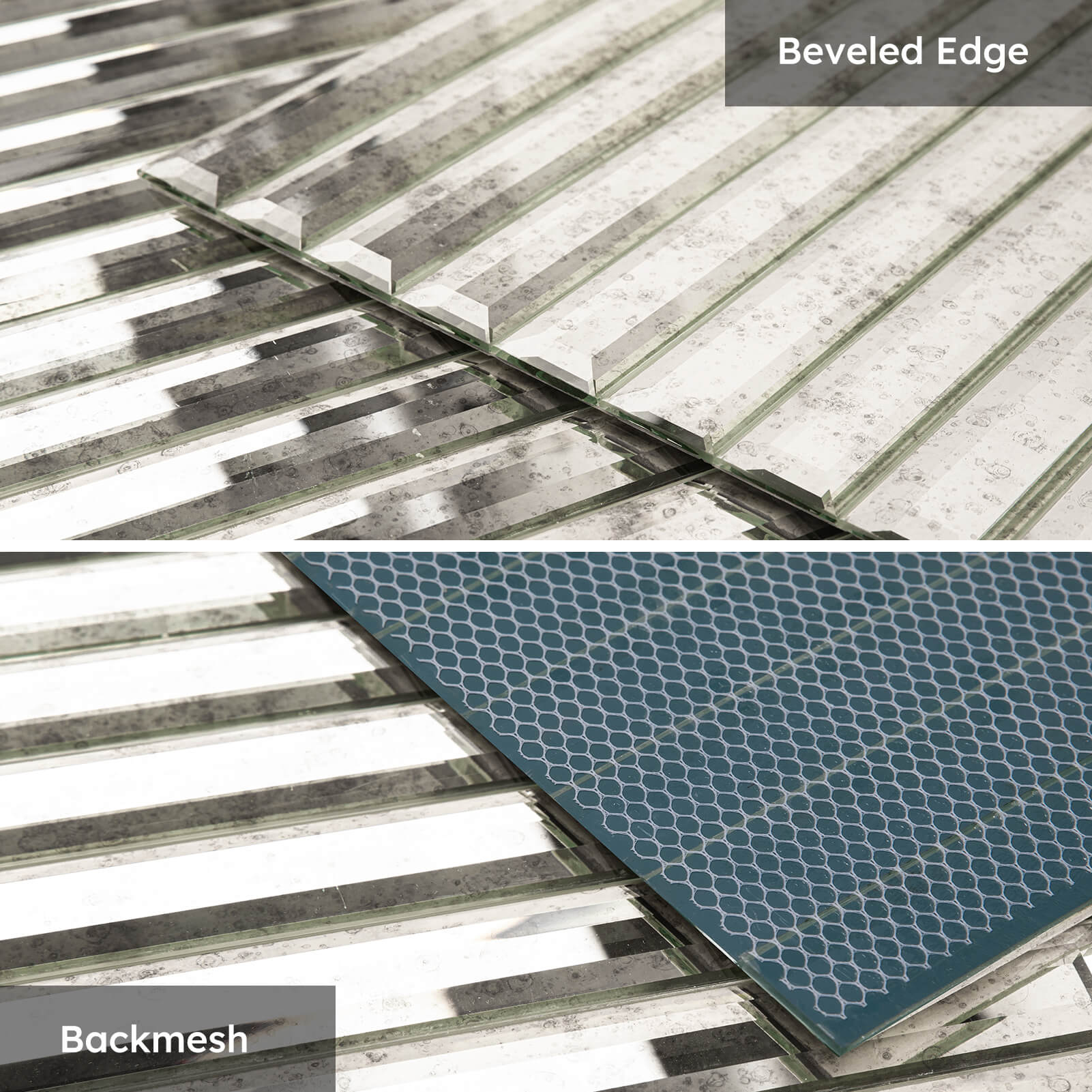 Diflart Beveled Mirror Backsplash Tiles for Kitchen, Light Antique Strip, 12x12 Inch, Mirror Tile for Bathroom Bar Wall (5 Sheets,5 Sq.ft)