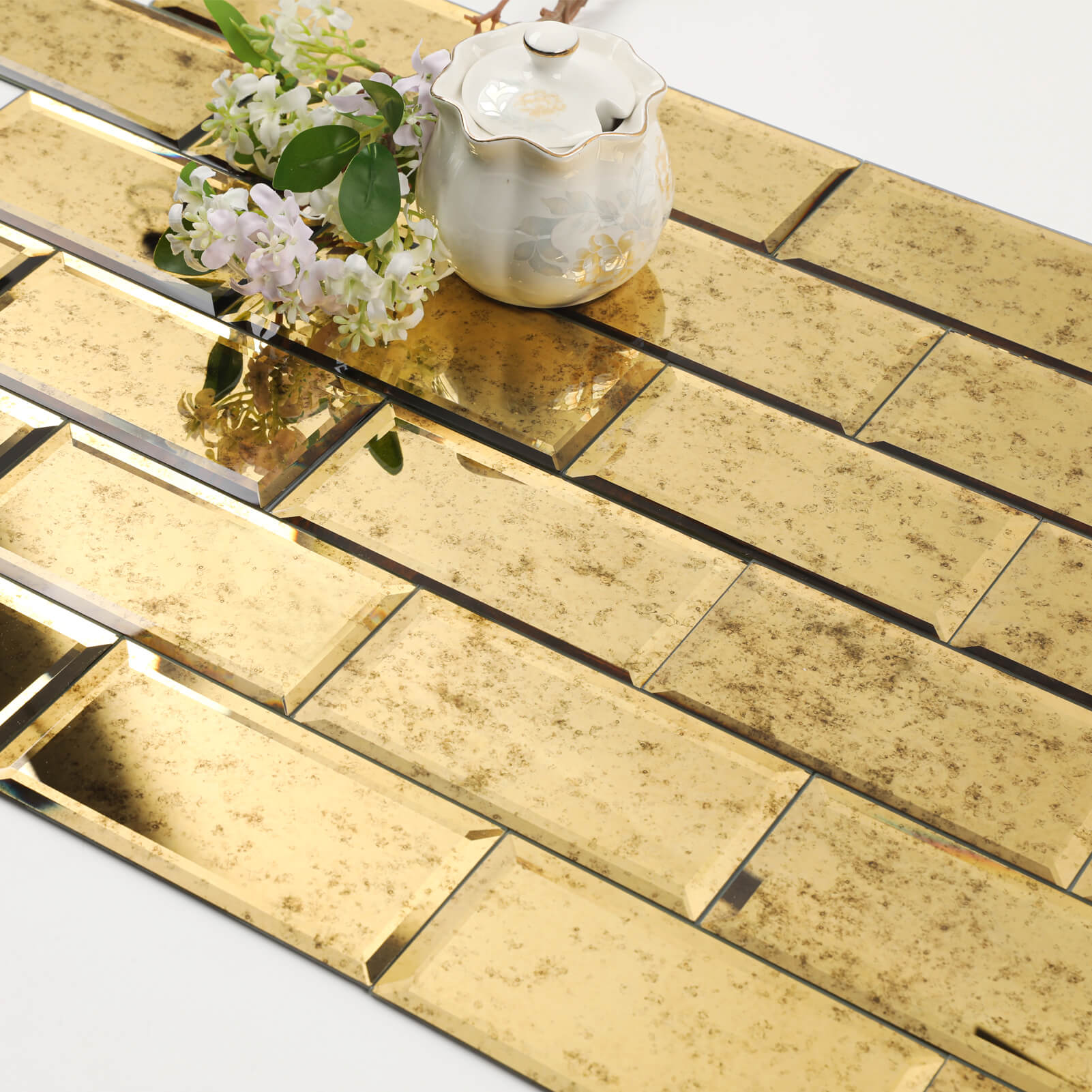 Diflart Mirror Peel and Stick Tile, Gold with Ligh Antique Veins, 3x6 Inch, Beveled Mirror Square Kitchen Backsplash Bar Wall Tile (5 Sq.ft, 40 Pcs)