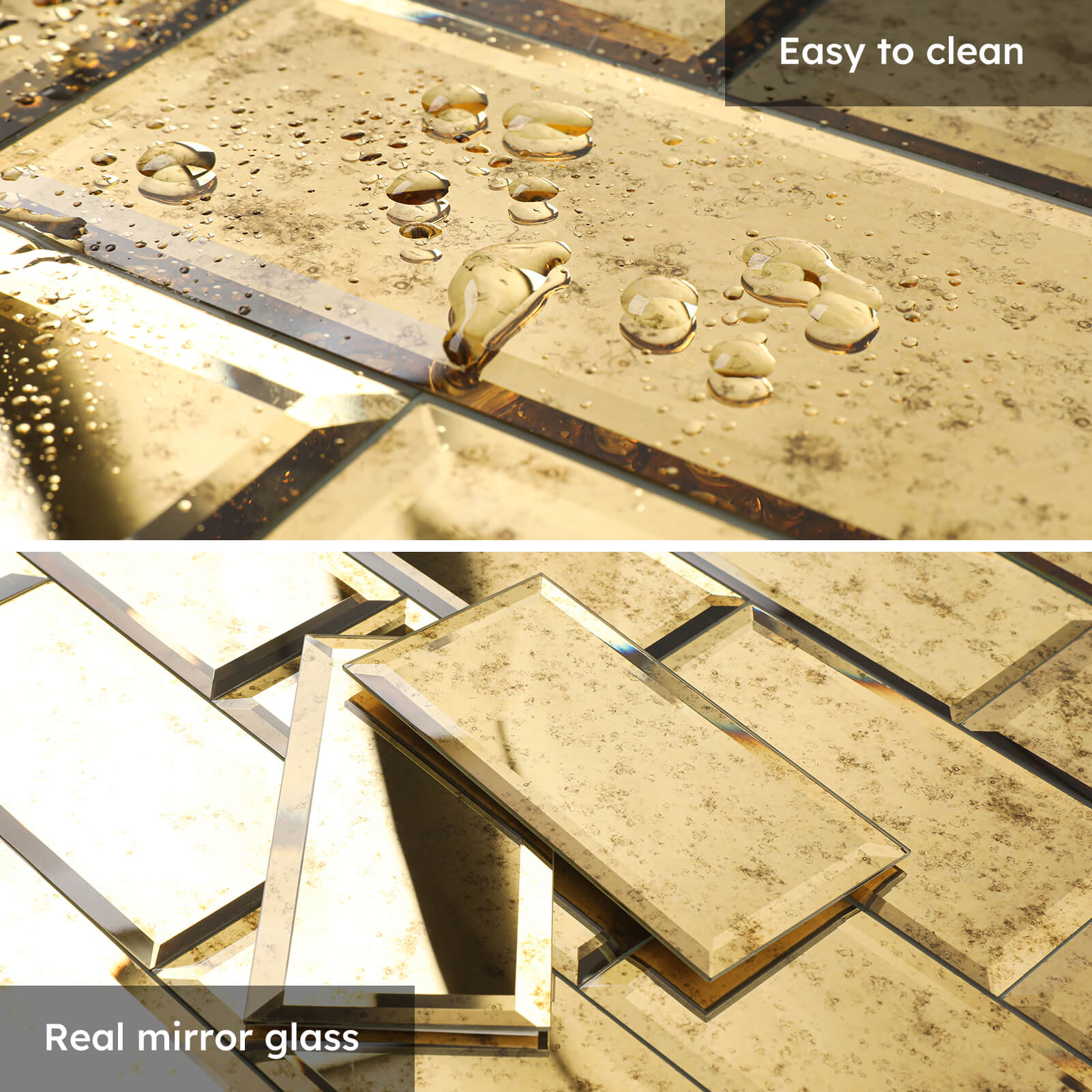 Diflart Mirror Peel and Stick Tile, Gold with Ligh Antique Veins, 3x6 Inch, Beveled Mirror Square Kitchen Backsplash Bar Wall Tile (5 Sq.ft, 40 Pcs)