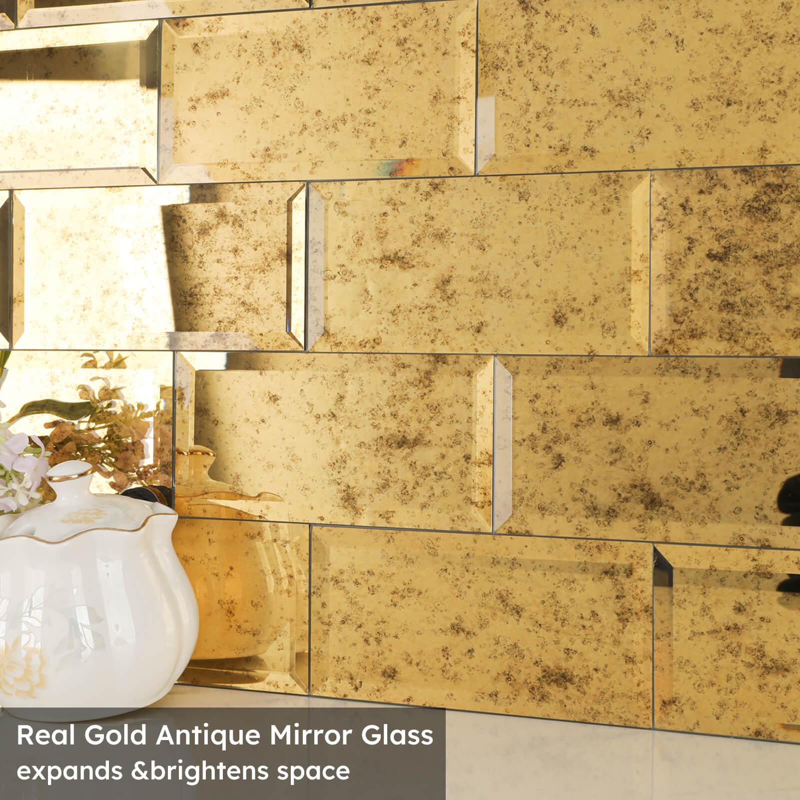 Diflart Mirror Peel and Stick Tile, Gold with Ligh Antique Veins, 3x6 Inch, Beveled Mirror Square Kitchen Backsplash Bar Wall Tile (5 Sq.ft, 40 Pcs)