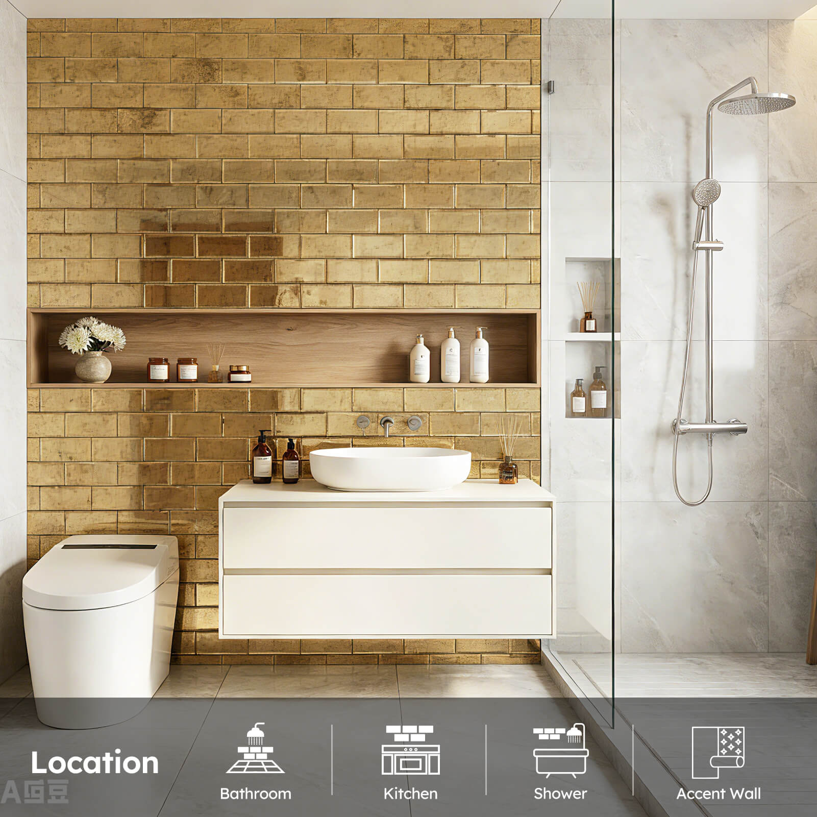 Diflart Mirror Peel and Stick Tile, Gold with Ligh Antique Veins, 3x6 Inch, Beveled Mirror Square Kitchen Backsplash Bar Wall Tile (5 Sq.ft, 40 Pcs)