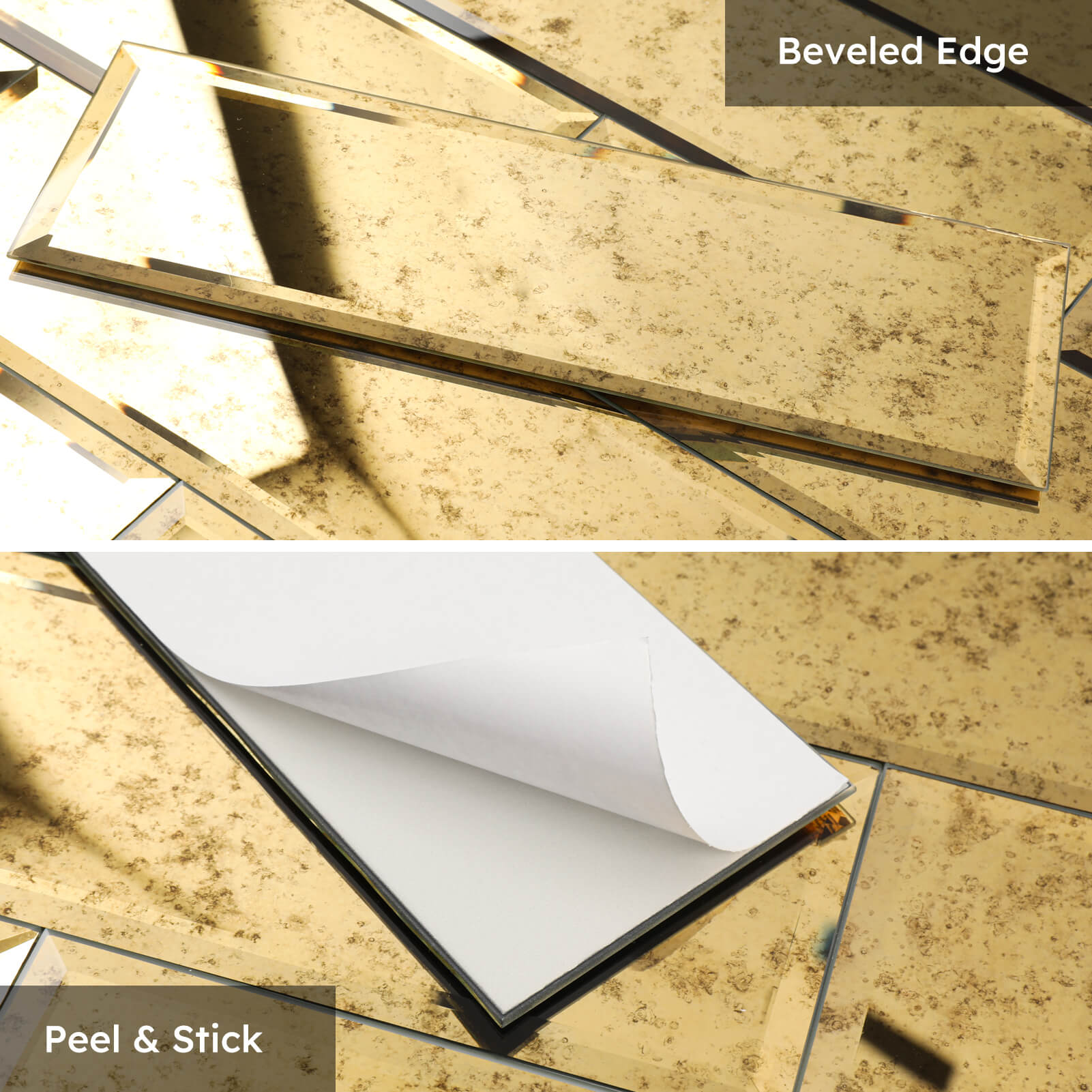 Diflart Mirror Peel and Stick Tile, Gold with Ligh Antique Veins, 4x12 Inch, Beveled Mirror Square Kitchen Backsplash Bar Wall Tile (5 Sq.ft, 15 Pcs)
