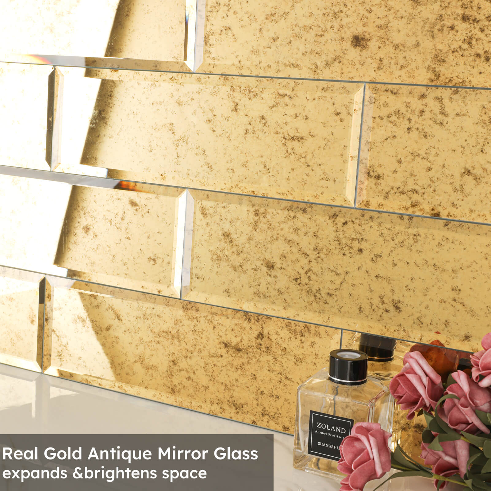 Diflart Mirror Peel and Stick Tile, Gold with Ligh Antique Veins, 4x12 Inch, Beveled Mirror Square Kitchen Backsplash Bar Wall Tile (5 Sq.ft, 15 Pcs)