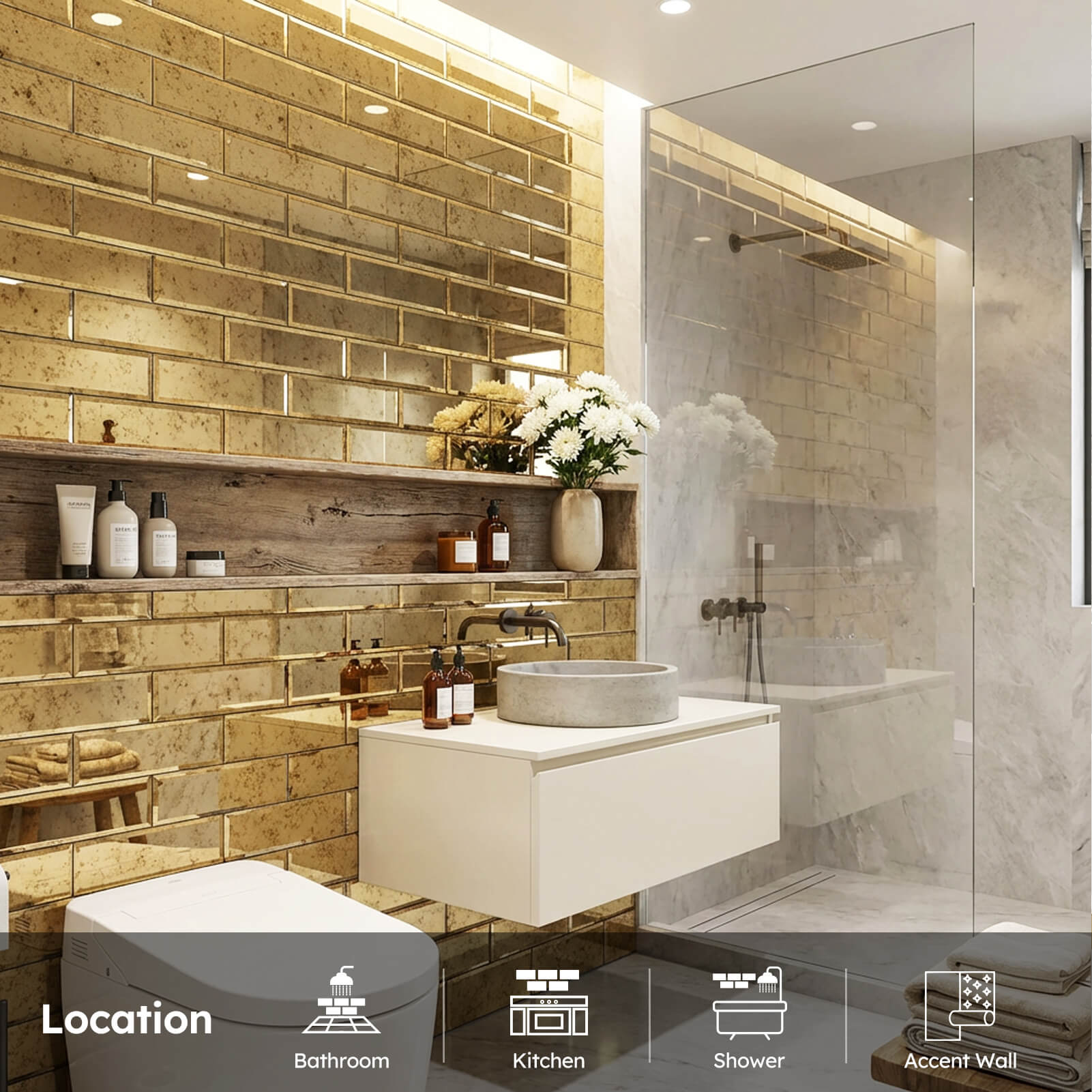 Diflart Mirror Peel and Stick Tile, Gold with Ligh Antique Veins, 4x12 Inch, Beveled Mirror Square Kitchen Backsplash Bar Wall Tile (5 Sq.ft, 15 Pcs)