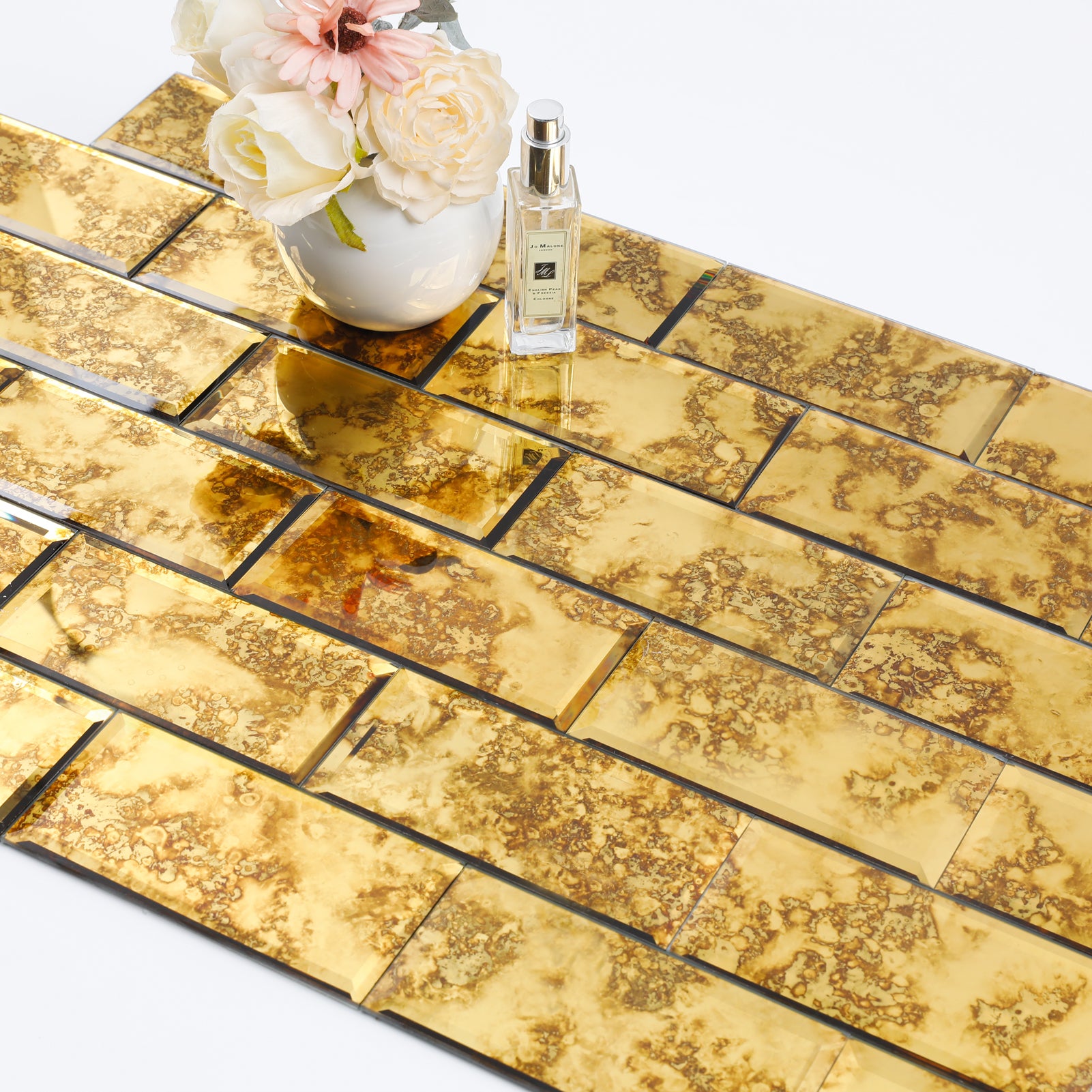 Diflart Peel and Stick Mirror Backsplash, Gold Antique, 3x6 Inch, Beveled Mirror Tiles for Kitchen Bar Accent Wall Tile