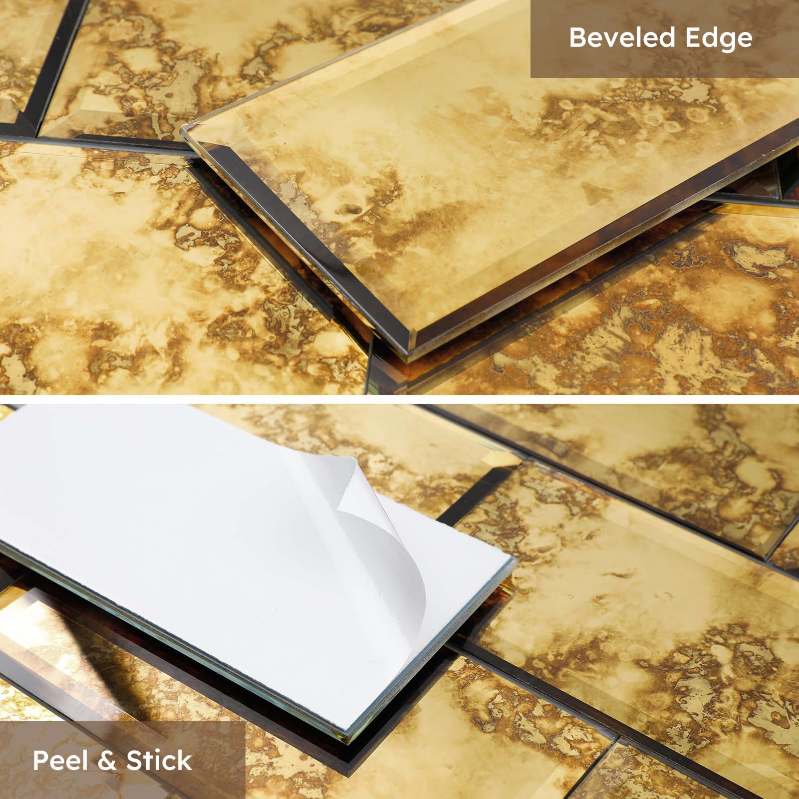 Diflart Peel and Stick Mirror Backsplash, Gold Antique, 3x6 Inch, Beveled Mirror Tiles for Kitchen Bar Accent Wall Tile