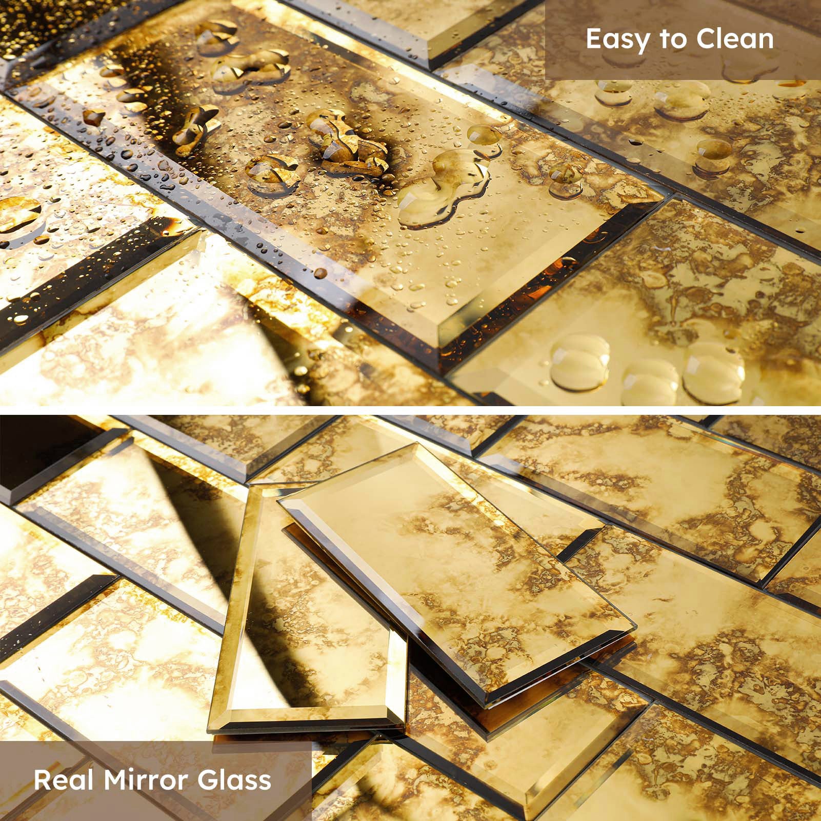 Diflart Peel and Stick Mirror Backsplash, Gold Antique, 3x6 Inch, Beveled Mirror Tiles for Kitchen Bar Accent Wall Tile