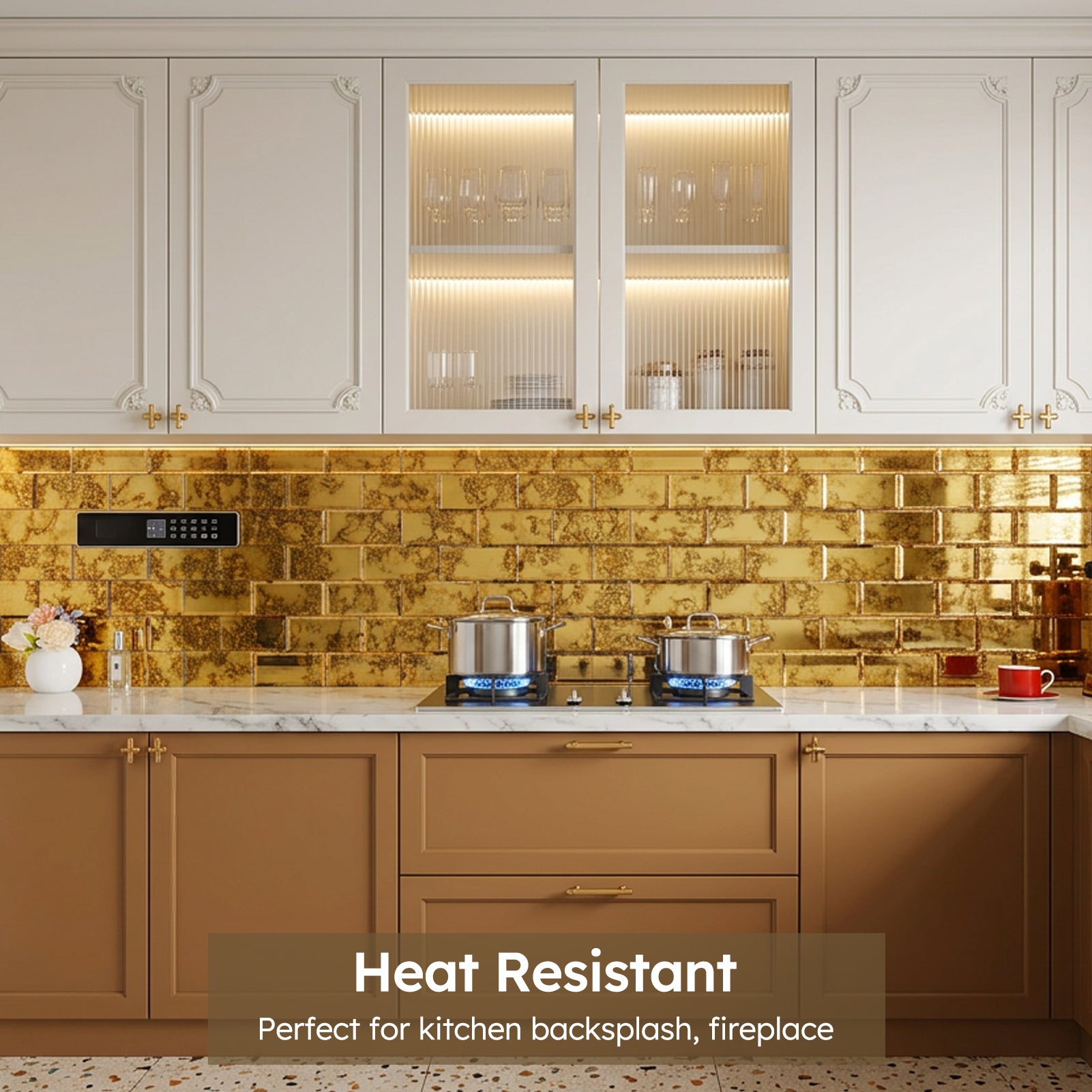 Diflart Peel and Stick Mirror Backsplash, Gold Antique, 3x6 Inch, Beveled Mirror Tiles for Kitchen Bar Accent Wall Tile