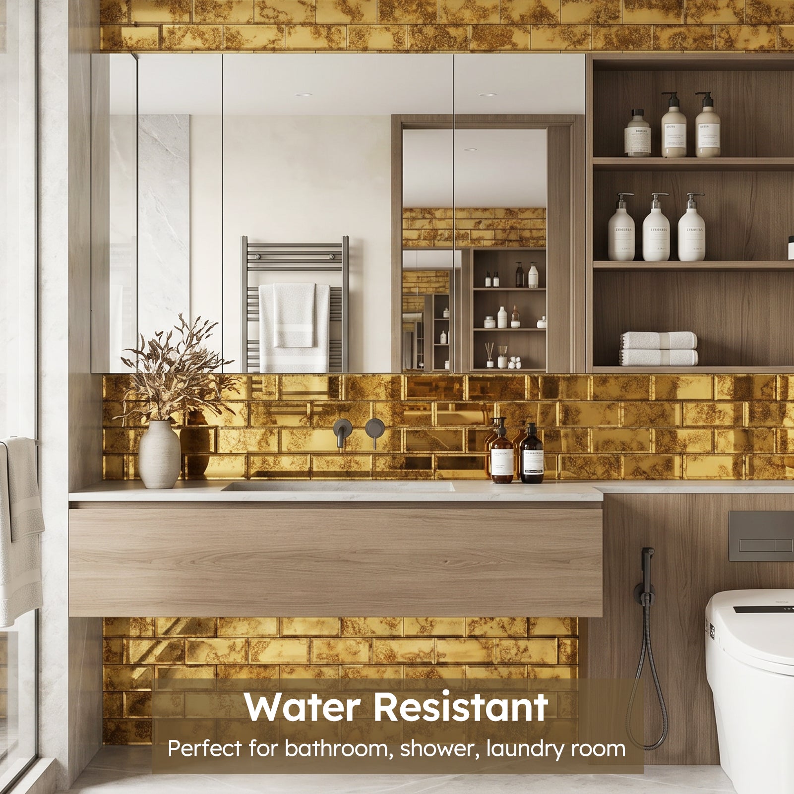 Diflart Peel and Stick Mirror Backsplash, Gold Antique, 3x6 Inch, Beveled Mirror Tiles for Kitchen Bar Accent Wall Tile