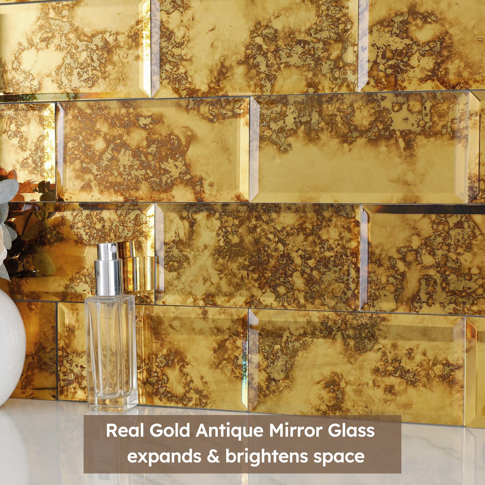 Diflart Peel and Stick Mirror Backsplash, Gold Antique, 3x6 Inch, Beveled Mirror Tiles for Kitchen Bar Accent Wall Tile