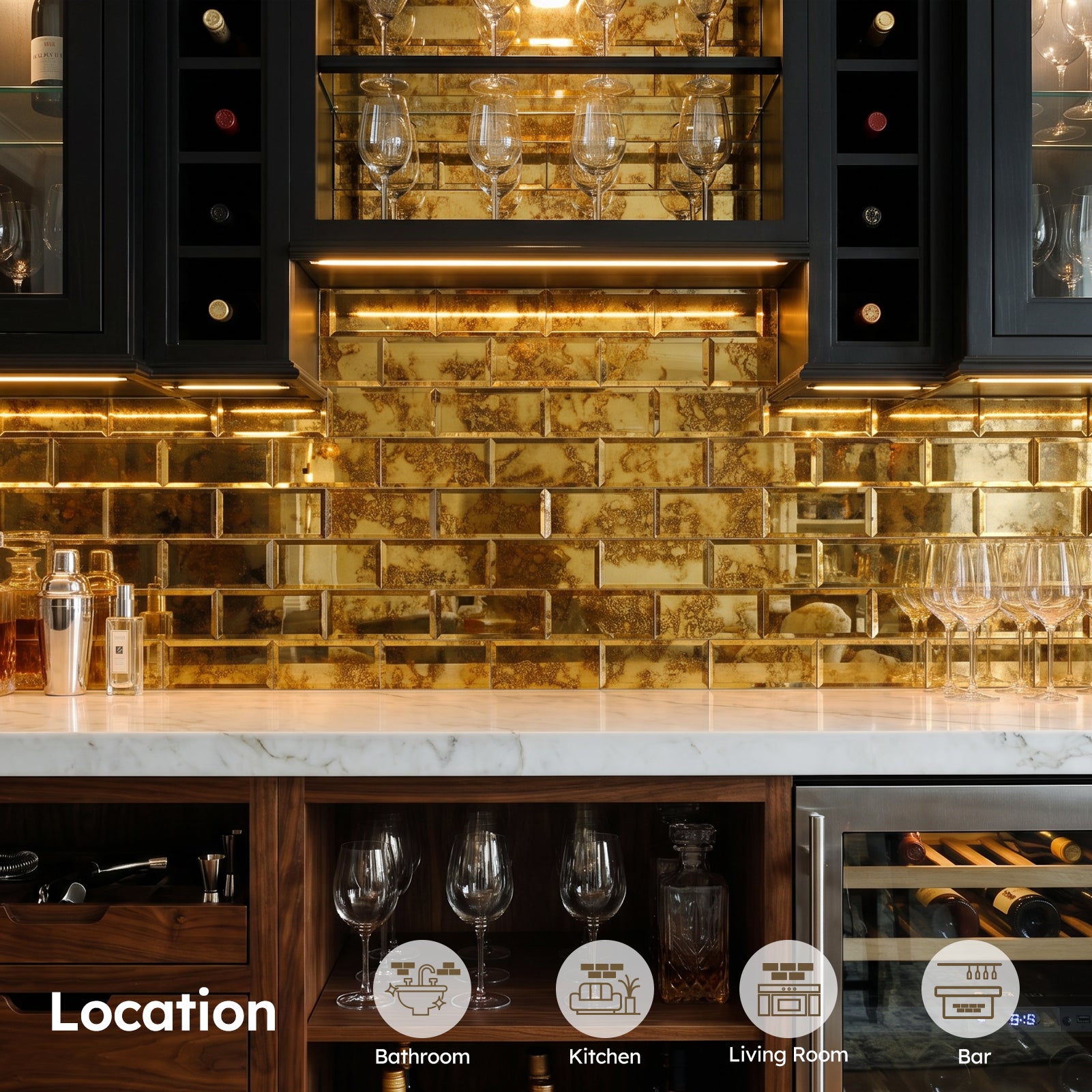Diflart Peel and Stick Mirror Backsplash, Gold Antique, 3x6 Inch, Beveled Mirror Tiles for Kitchen Bar Accent Wall Tile