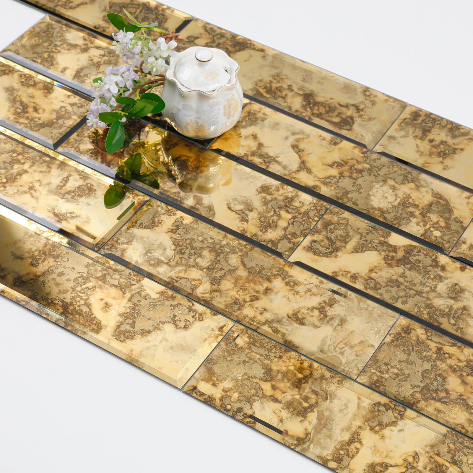 Diflart Peel and Stick Mirror Backsplash, Gold Antique, 4x12 Inch, Beveled Mirror Tiles for Kitchen Bar Accent Wall Tile