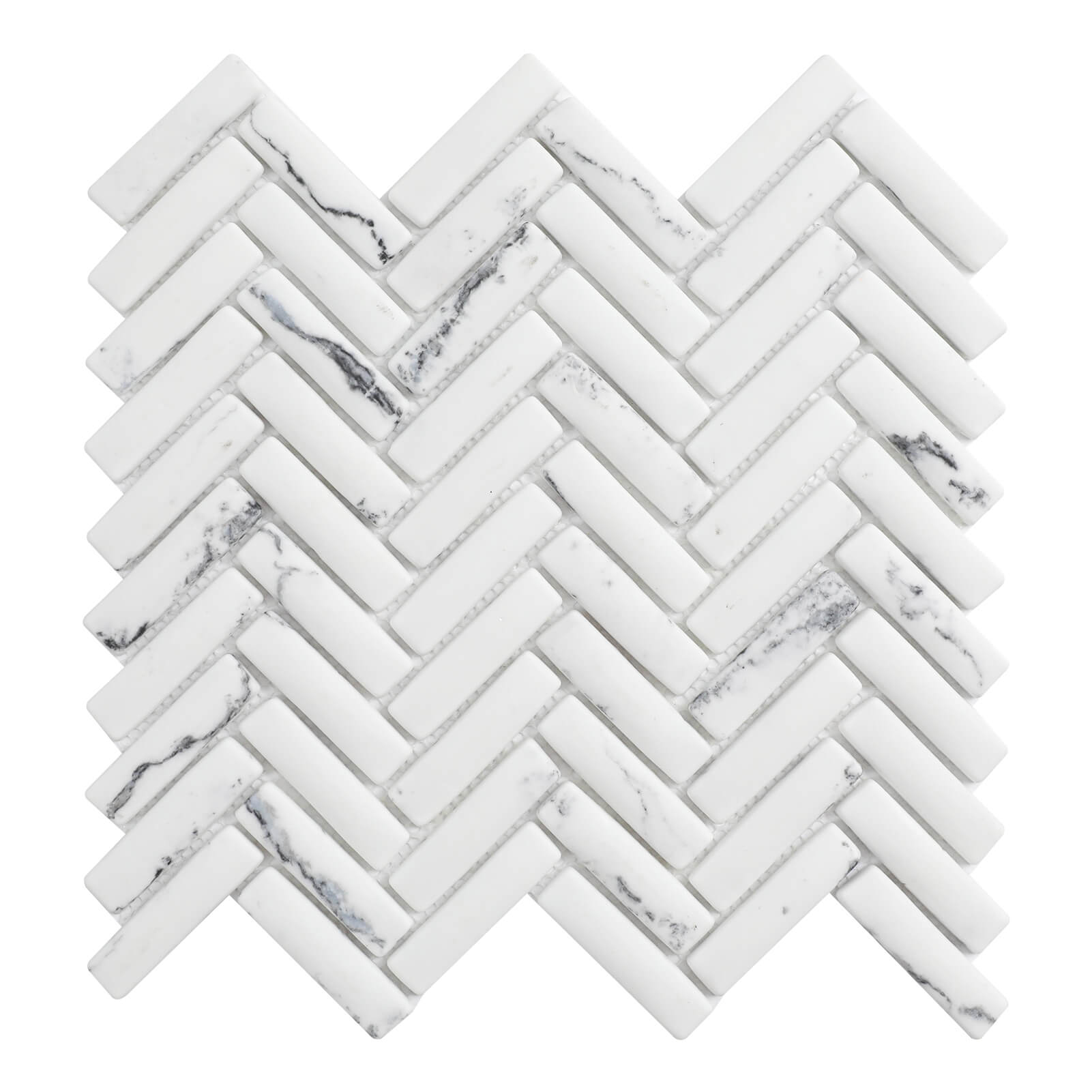 Diflart Glass Tiles Backsplash for Kitchen, White Herringbone, Recycled Glass Marble Stone Looks for Bathroom, Shower Wall and Floor Tile, Pack of 5 Sheets