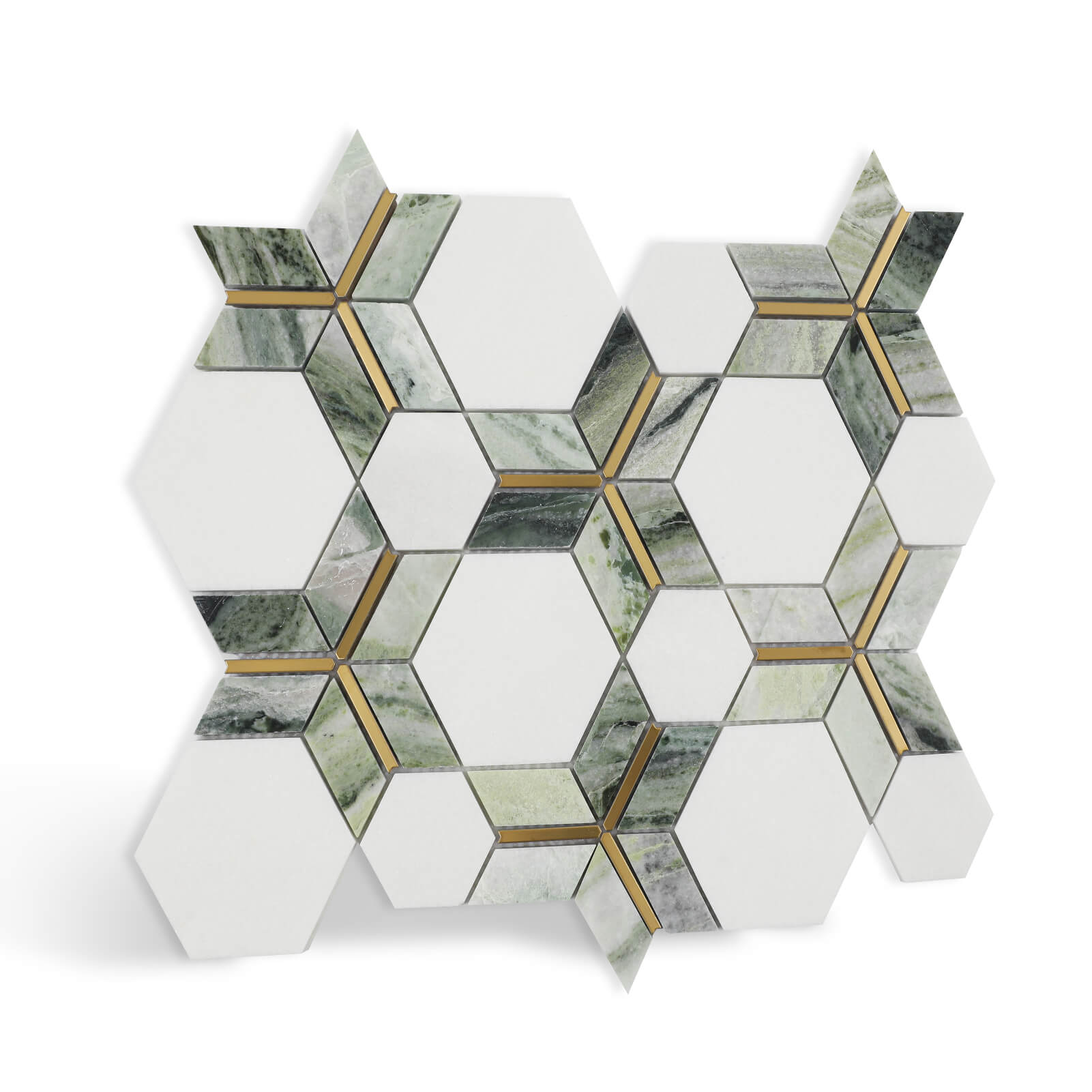 Diflart Marble Mosaic Tile, Carrara with Thassos White Inlay Gold Metal, Polished, Marble Backsplash Tiles for Kitchen Bathroom Wall Floor, Pack of 5 Sheets