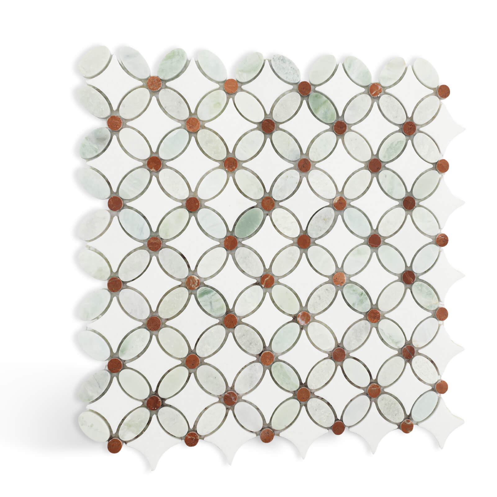 Natural Marble Mosaic Tile, 1.8x1.8 Inch Flower Pattern, Polished, Thassos White Ming Green Red Dots Marble Backsplash Tile for Kitchen Bathroom Wall Floor, Pack of 5 Sheets