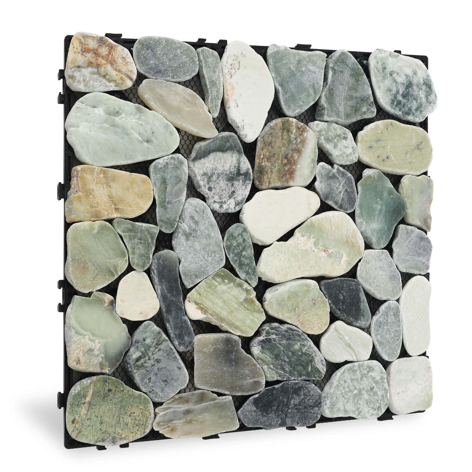 Diflart Natural Pebble Deck Tiles for Floor, Ocean Green Oval, 4 Sheets, Outdoor Interlocking Sliced Stone Pebble Mosaic Tile for Patio, Terrace, Garden