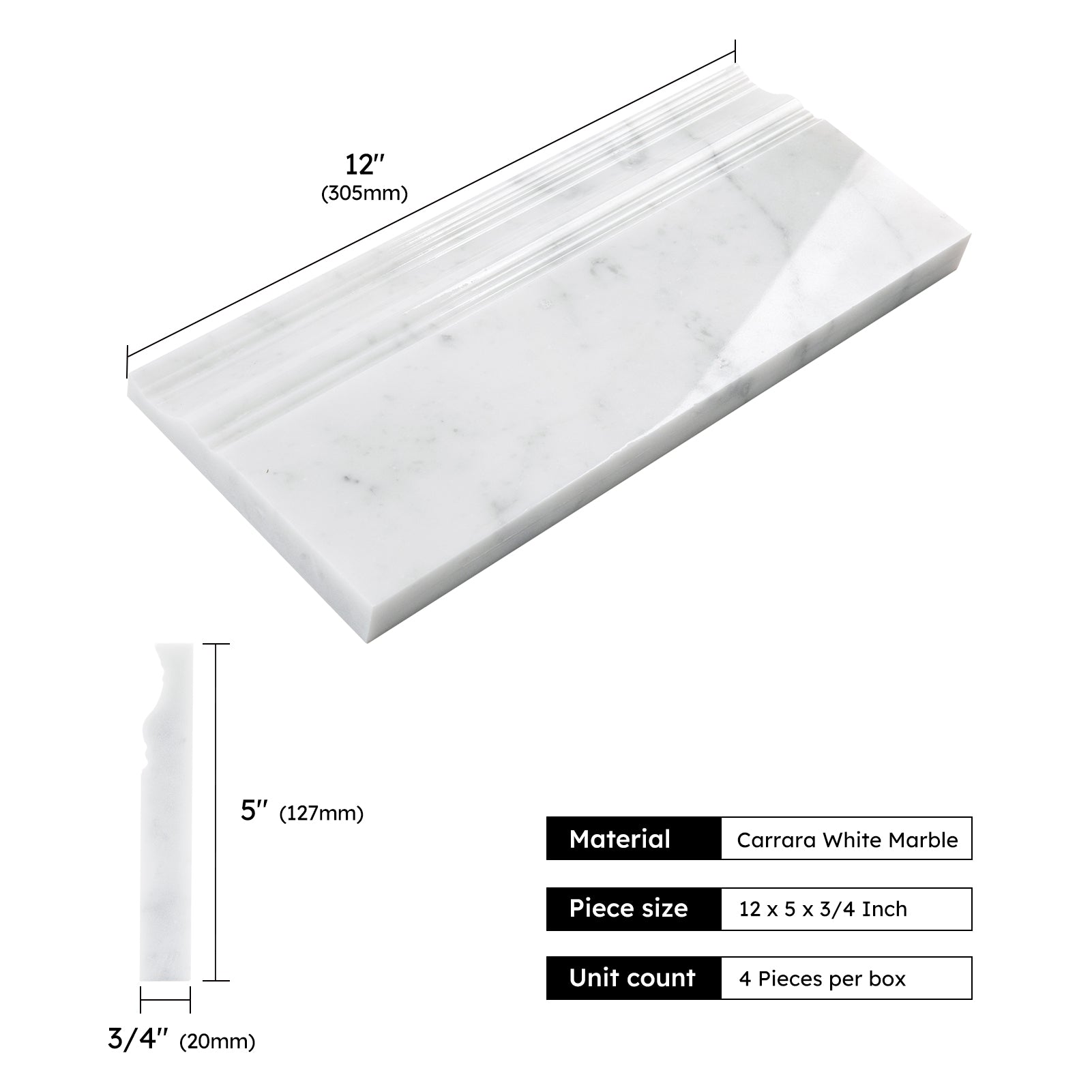 Diflart Carrara White Marble Baseboard Molding Trim, 5x12 Inch, Polished, Bianco Italian Carrera Skirting Base Moulding for Bathroom Wall and Kitchen Backsplash, 4 Pcs (Crown)