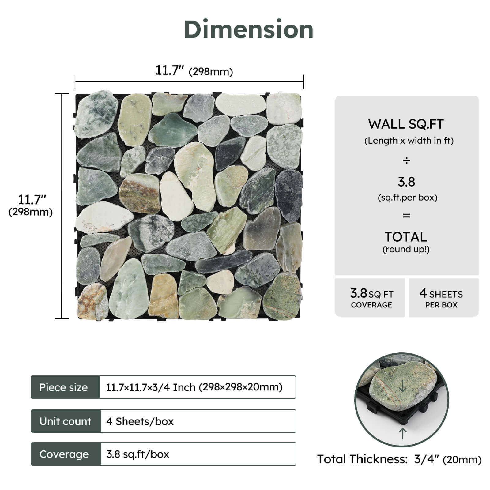 Diflart Natural Pebble Deck Tiles for Floor, Ocean Green Oval, 4 Sheets, Outdoor Interlocking Sliced Stone Pebble Mosaic Tile for Patio, Terrace, Garden