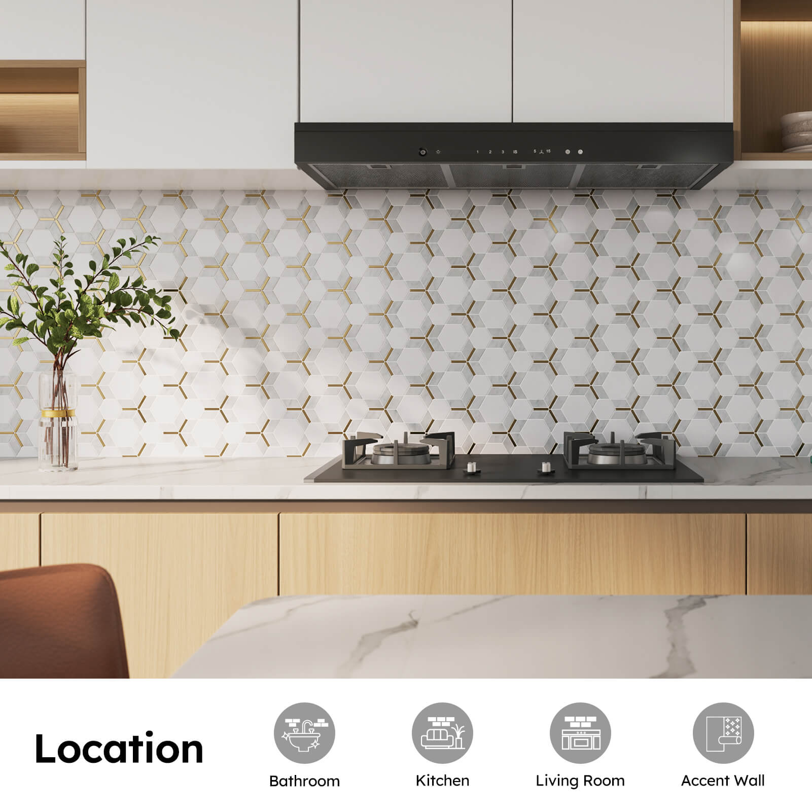 Diflart Marble Mosaic Tile, Cloud Jade with Thassos White Inlay Gold Metal, Polished, Marble Backsplash Tiles for Kitchen Bathroom Wall Floor, Pack of 5 Sheets