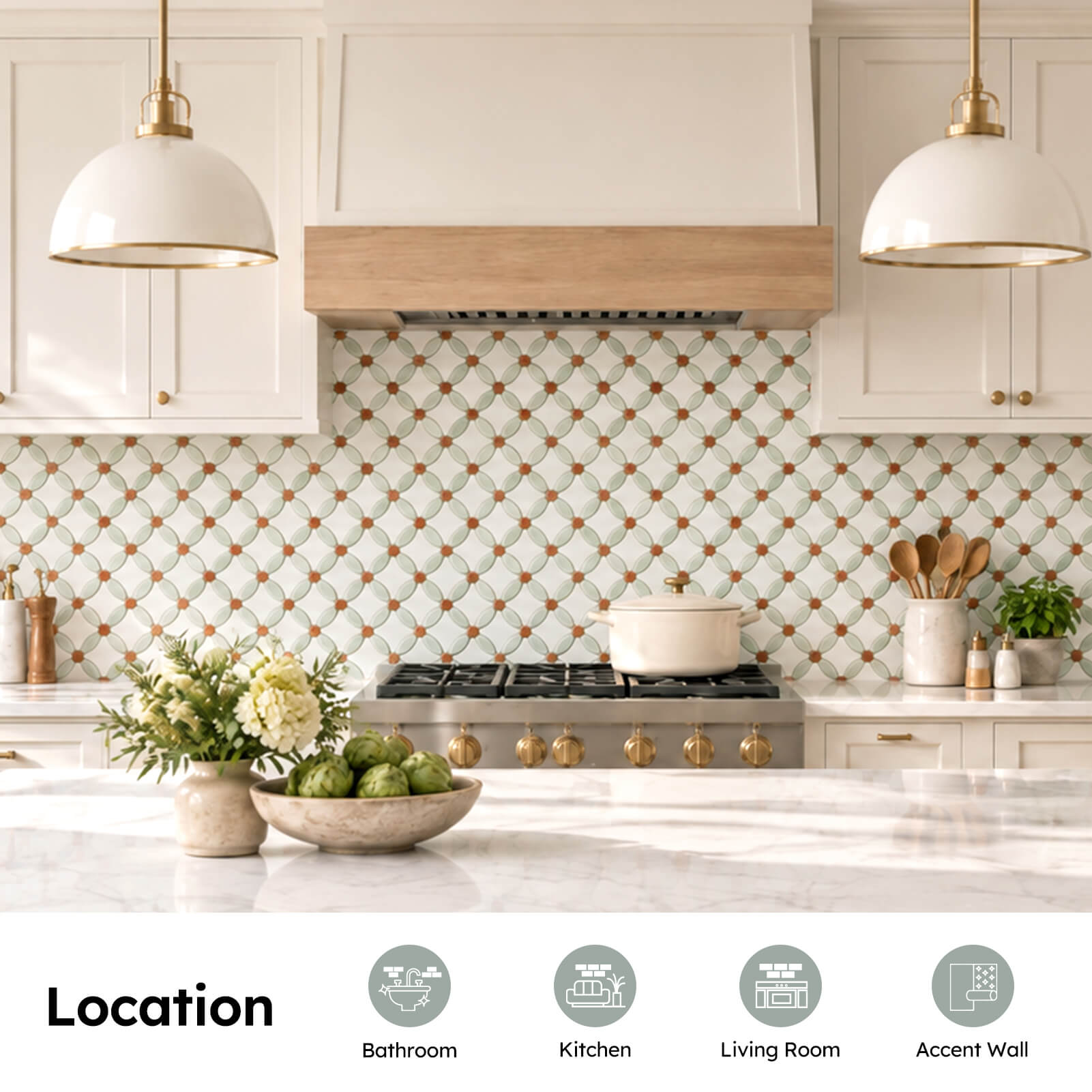Natural Marble Mosaic Tile, 1.8x1.8 Inch Flower Pattern, Polished, Thassos White Ming Green Red Dots Marble Backsplash Tile for Kitchen Bathroom Wall Floor, Pack of 5 Sheets