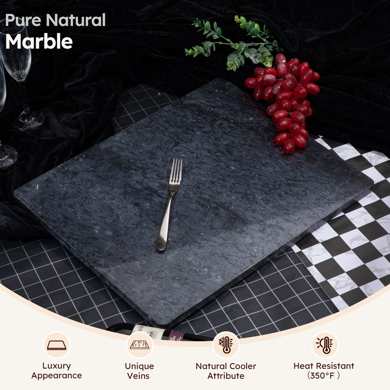Diflart Natural Marble Stone Cutting Board for Kitchen, 16x20 Inch, Black, Marble Slab Pastry Board Large with Non Slip Feets for Keep the Dough Cool and Chocolate Tempering, Pack of 1 Pcs