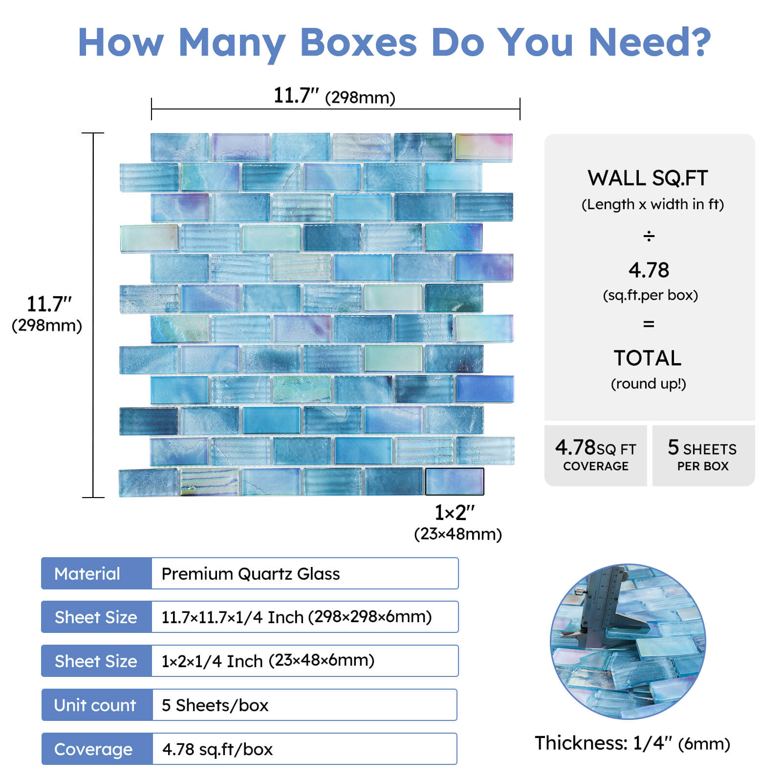 Pool Glass Mosaic Tiles, Iridescent Aqua, 1x2 Inch Brick, 5 Sheets Glass Tile for Swimming Pool, Kitchen Backsplash, Shower, Bathroom Wall, Waterline, Fountain