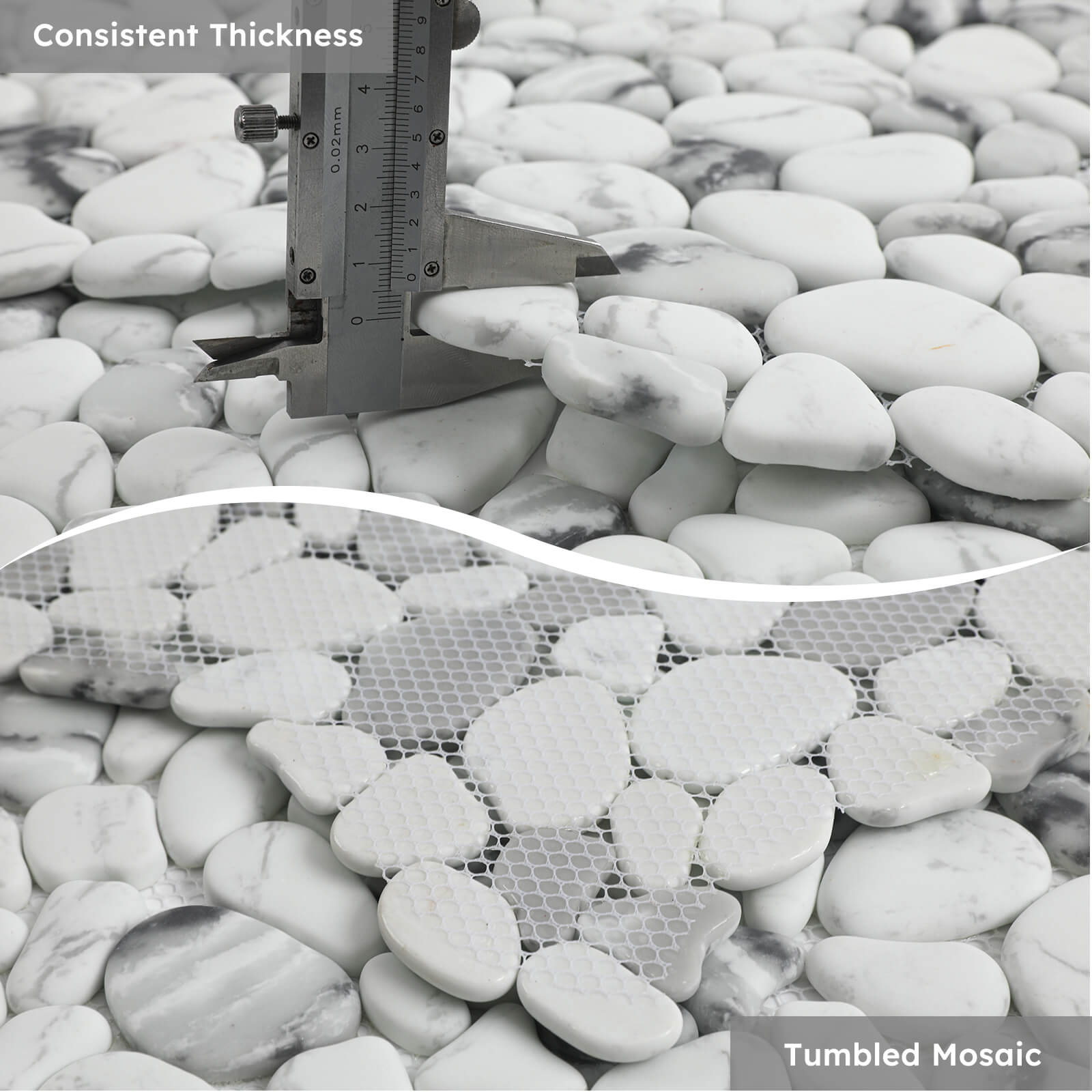 Diflart Pebble Tile for Shower Floor, White with Gray Marble Veins Oval,Pebble Backsplash for Kitchen Bathroom Wall and Floor Tile