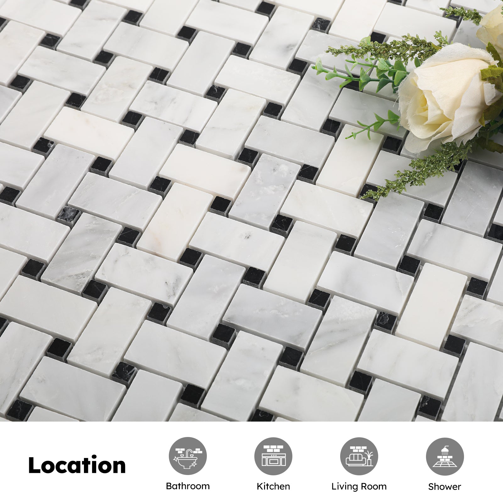 Diflart Natural Marble Mosaic Tile Polished, 1x2 Inch Basketweave, 5 Sheets