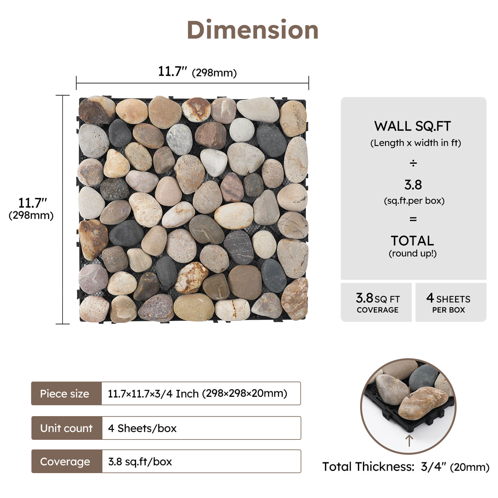 G98N Diflart Natural Pebble Deck Tiles for Floor, River Rock Oval, 4 Sheets, Outdoor Interlocking Stone Pebble Mosaic Tile for Patio, Terrace, Garden