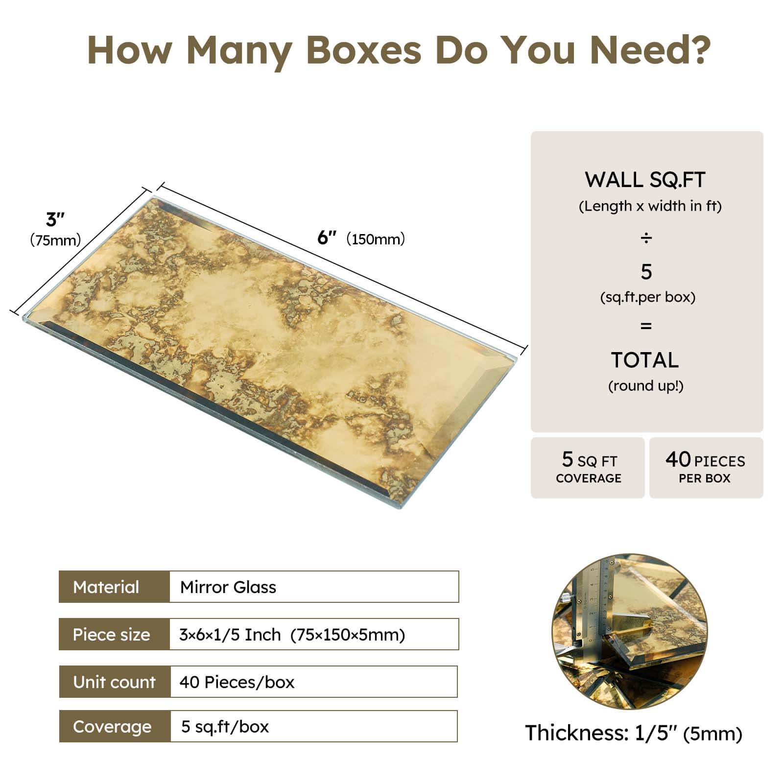 Diflart Peel and Stick Mirror Backsplash, Gold Antique, 3x6 Inch, Beveled Mirror Tiles for Kitchen Bar Accent Wall Tile