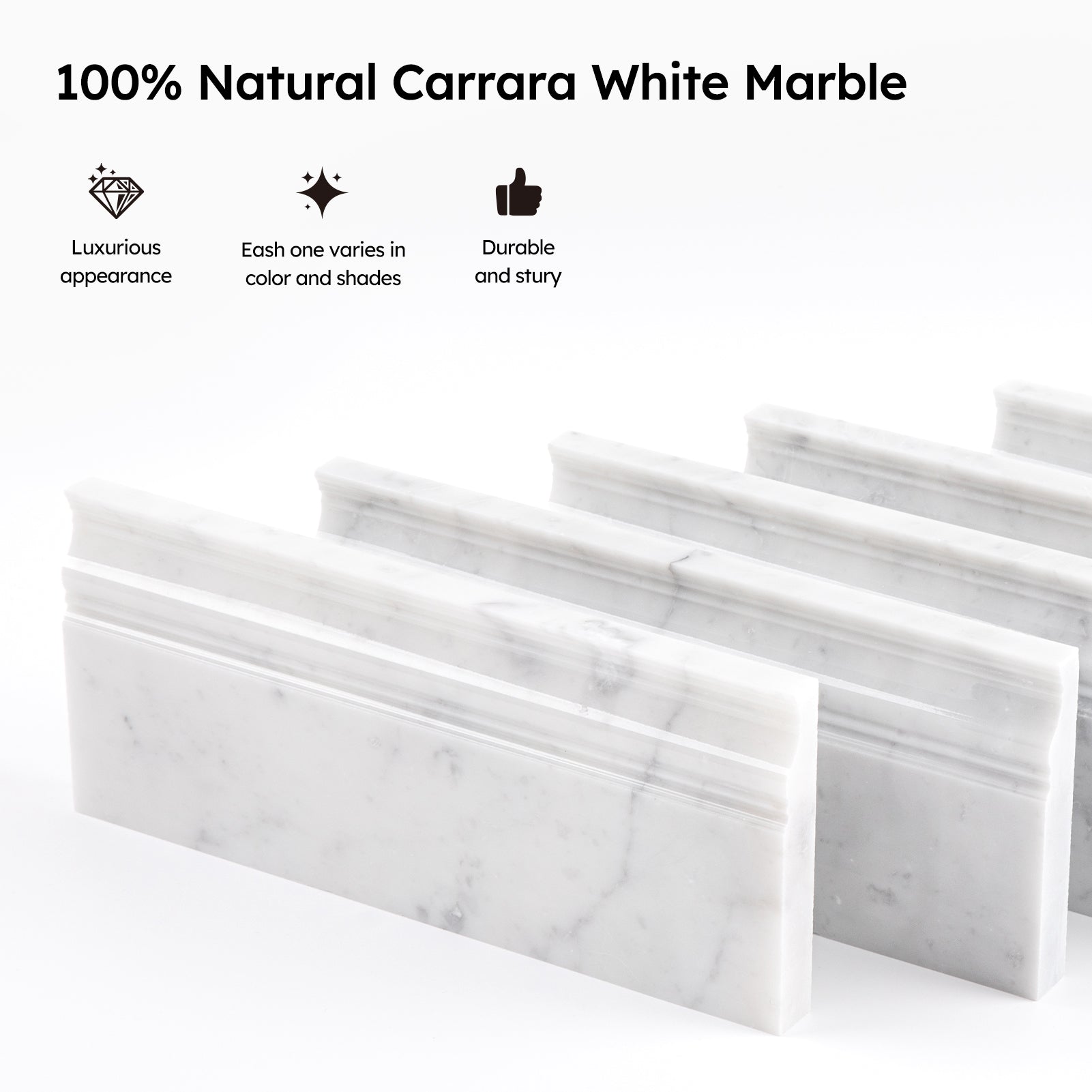 Diflart Carrara White Marble Baseboard Molding Trim, 5x12 Inch, Polished, Bianco Italian Carrera Skirting Base Moulding for Bathroom Wall and Kitchen Backsplash, 4 Pcs (Crown)