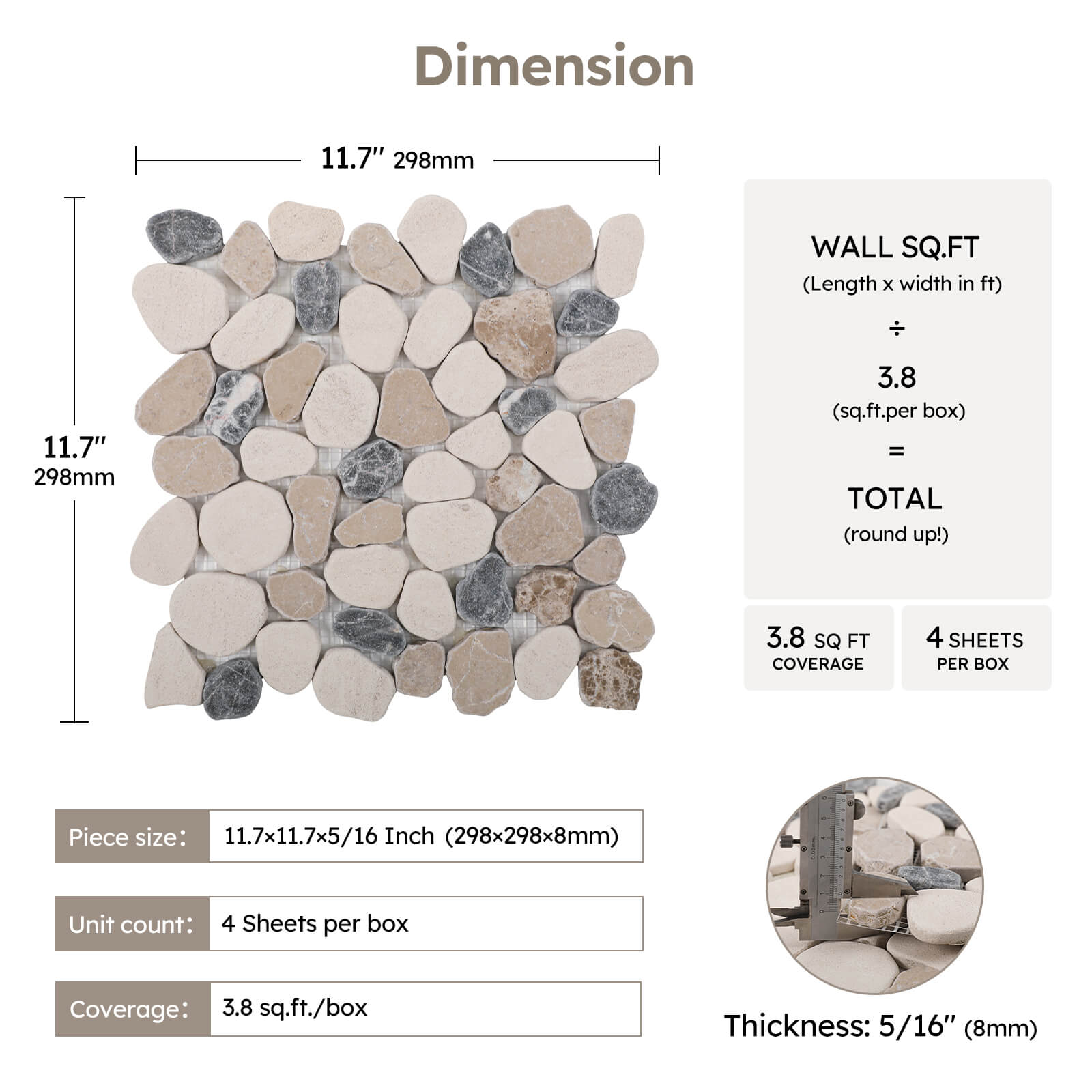 Diflart Stone Pebble Tile for Shower Floor, Sea Sand Random, 4 Sheets