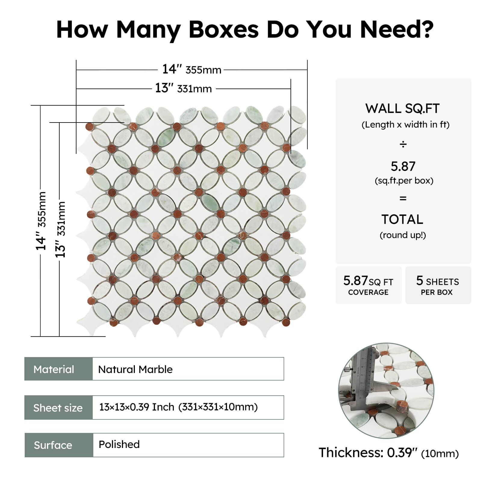 Natural Marble Mosaic Tile, 1.8x1.8 Inch Flower Pattern, Polished, Thassos White Ming Green Red Dots Marble Backsplash Tile for Kitchen Bathroom Wall Floor, Pack of 5 Sheets