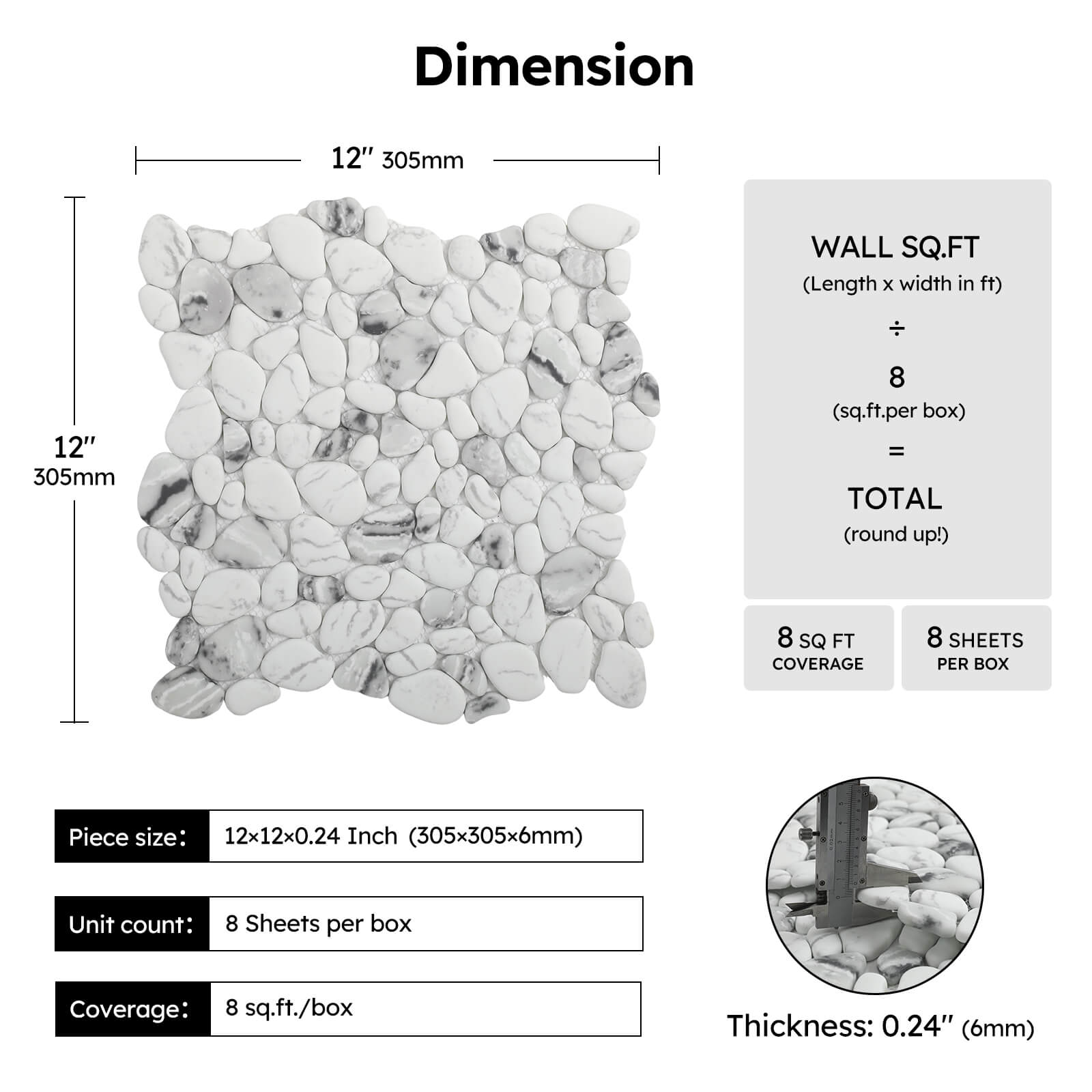 Diflart Pebble Tile for Shower Floor, White with Gray Marble Veins Oval,Pebble Backsplash for Kitchen Bathroom Wall and Floor Tile