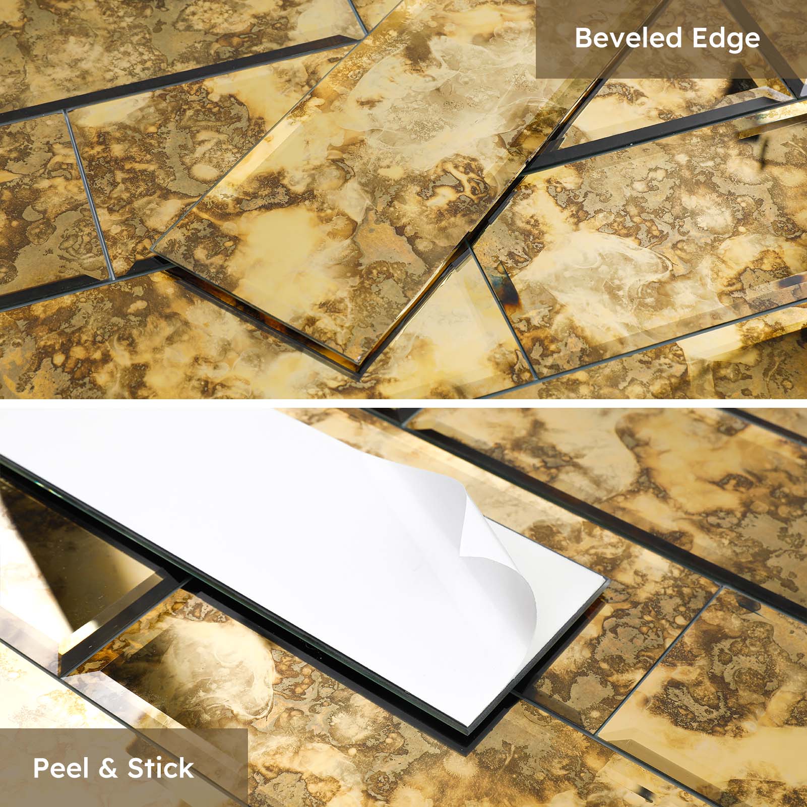 Diflart Peel and Stick Mirror Backsplash, Gold Antique, 4x12 Inch, Beveled Mirror Tiles for Kitchen Bar Accent Wall Tile
