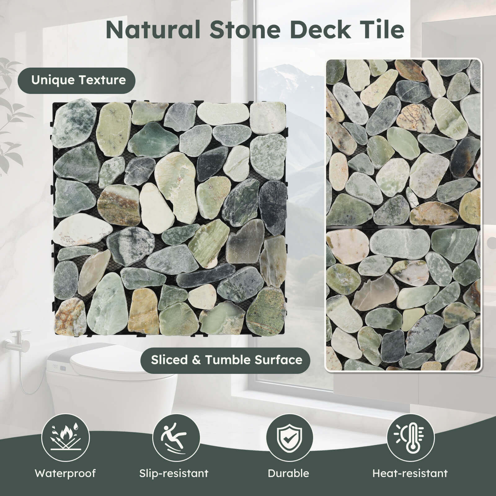 Diflart Natural Pebble Deck Tiles for Floor, Ocean Green Oval, 4 Sheets, Outdoor Interlocking Sliced Stone Pebble Mosaic Tile for Patio, Terrace, Garden